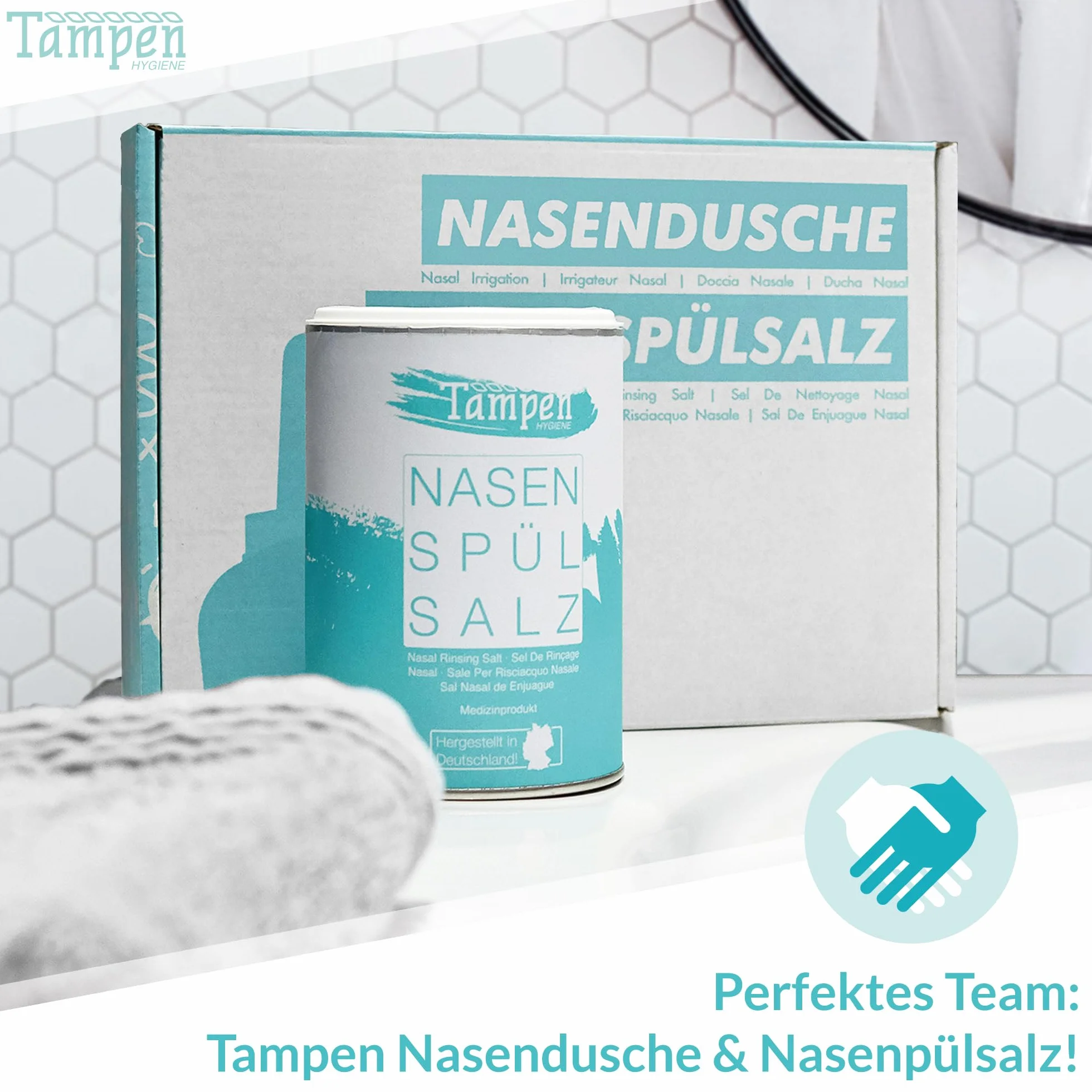 Zestaw prysznicowy do nosa · 120 x sól do płukania nosa (300 g) · łyżka pomiarowa (1 g) · 3 nasadki dla dorosłych i dzieci · Tampen Higiena · Płukanka do nosa · Dzbanek do nosa · czyszczenie nosa