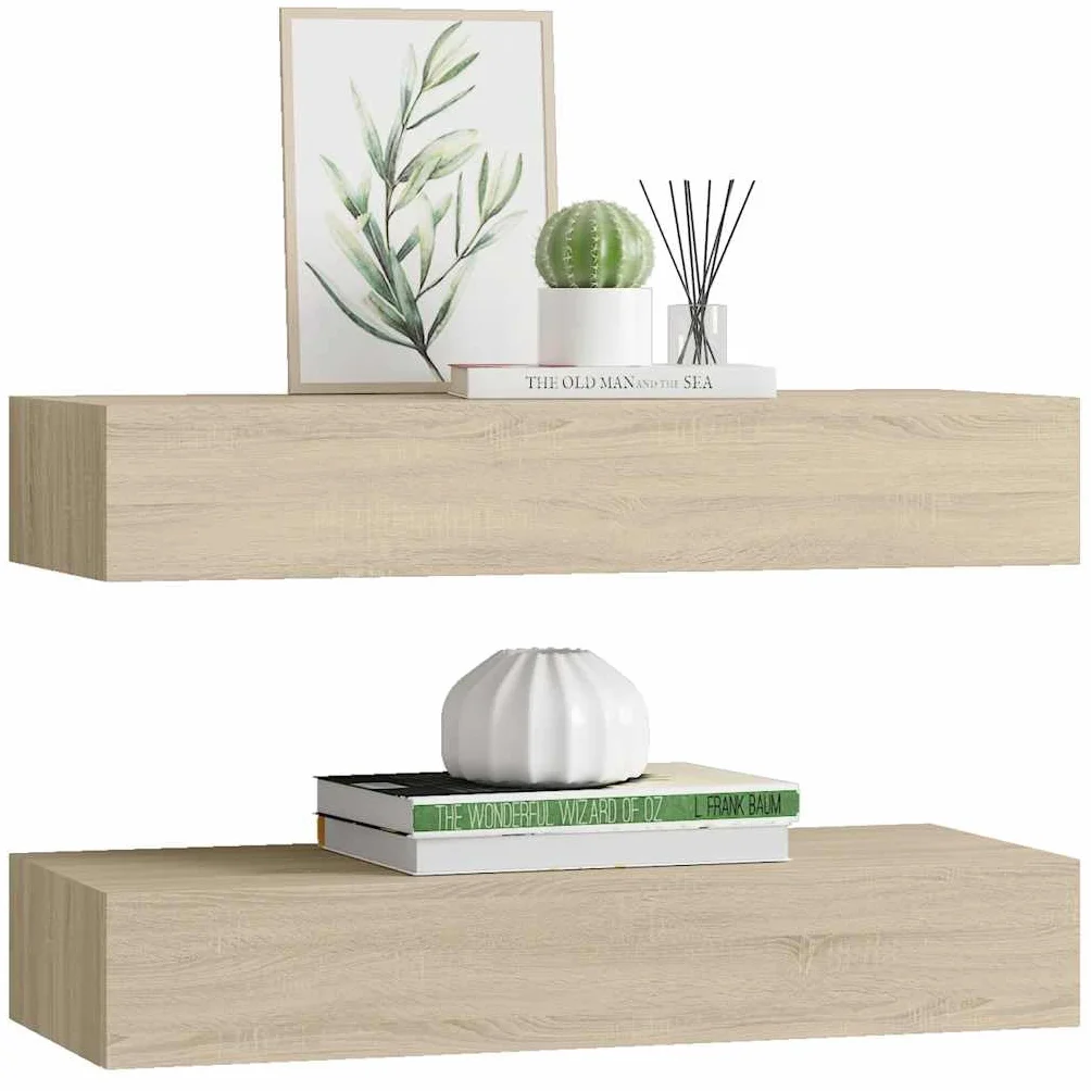 Regały ścienne z szufladami, 2 szt., wygląd dębu, 60 x 23,5 x 10 cm MDF, wiszące półki do montażu na ścianie, uniwersalna półka do salonu