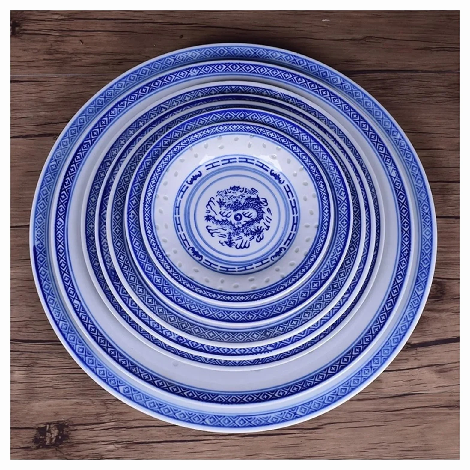 Chiński Płaski Talerz Niebiesko-biały Porcelanowy Obiadowy Ceramiczna Staromodna Zastawa Stołowa Smok Taca Na Jedzenie WyjąTkowe Obrazy(8-inch)