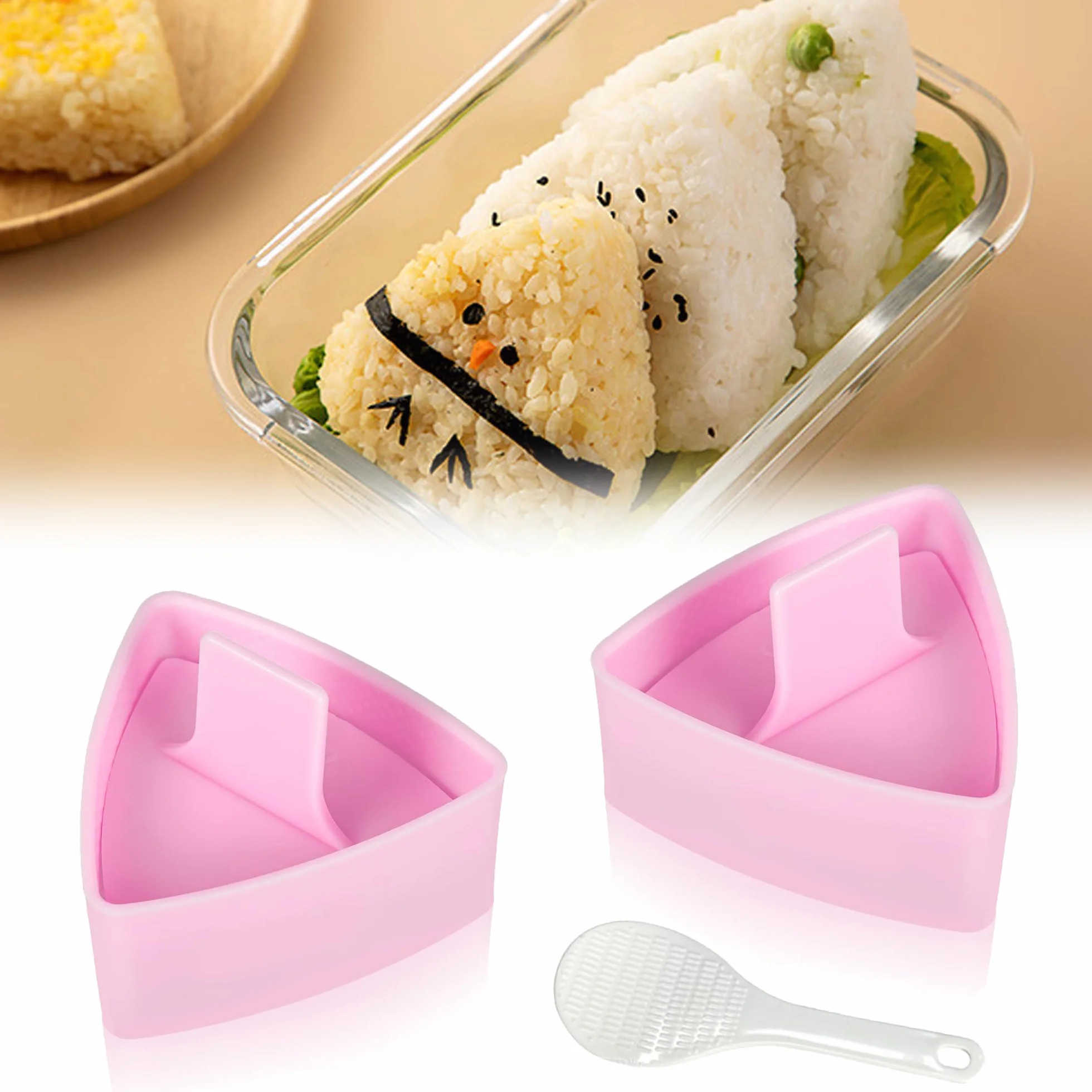 2 trójkątne foremki do sushi z tworzywa sztucznego, z 1 łyżką ryżu, różowe narzędzie do sushi, wielokrotnego użytku
