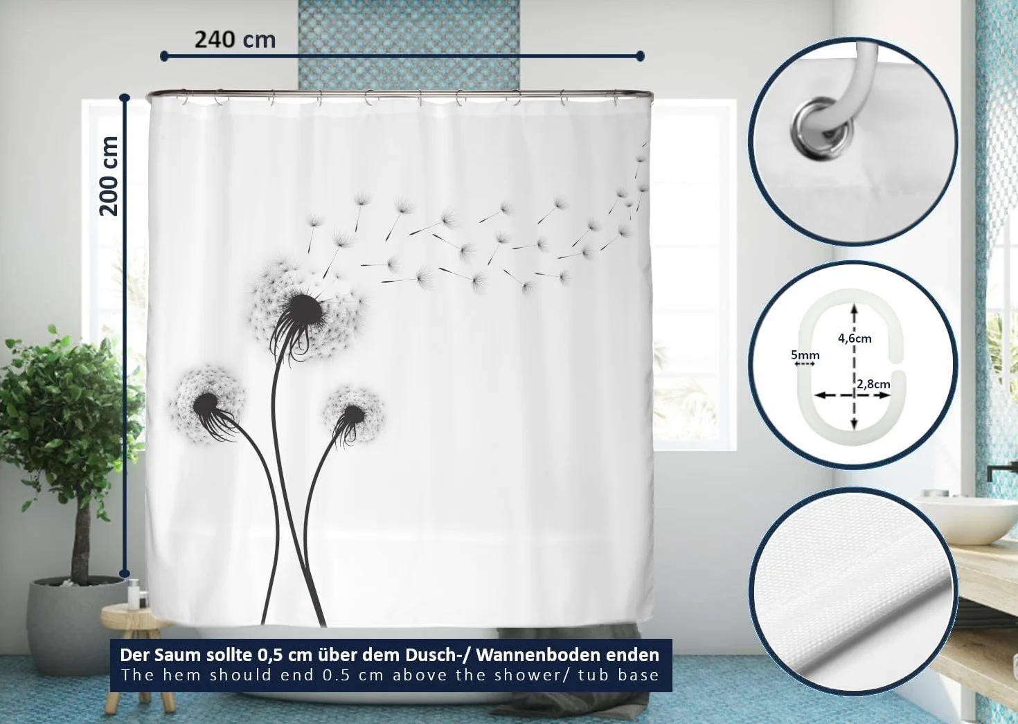 Zasłona prysznicowa przeciwgrzybiczna 240 x 200 cm Oeko-Tex Standard 100 z obciążonym brzegiem