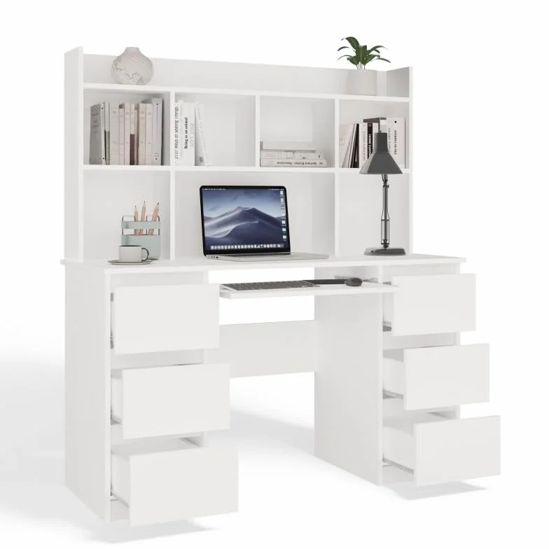 CDF Biurko z Nadstawką Kuba Duży Zestaw do Nauki i Pracy z Półkami i 6 Szufladami Ergonomiczne Stanowisko Komputerowe dla Ucznia i Studenta Regał 130 cm Meble Biurowe - Biały