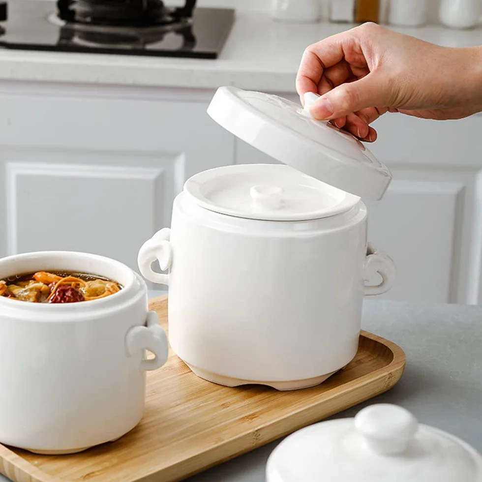 Porcelanowa miska na zupę z pokrywką, podwójna kuchenka ceramiczna (1100 ml)