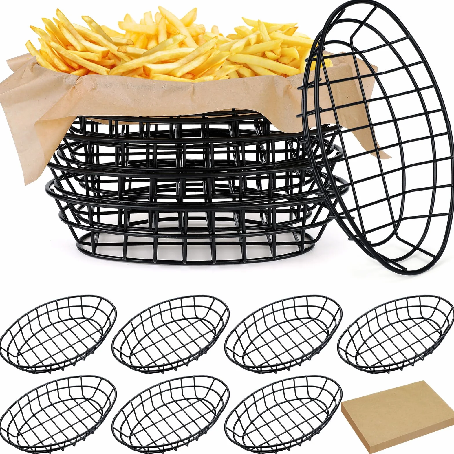 Hushee Czarny druciany kosz na chleb, metalowy drut, miska na owoce, metalowy kosz na owoce z 50 arkuszami, opakowania delikatesów, arkusze papieru do wiejskiej restauracji, pikniku, kuchni, blatu,