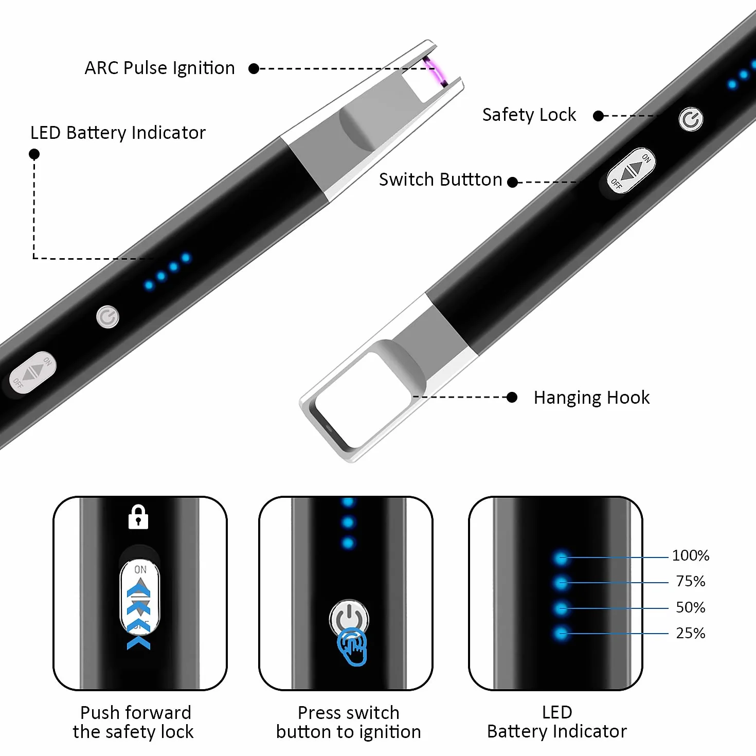 zapalniczka z łukiem świetlnym, ładowana przez USB, wiatroszczelna, bezpłomieniowa, elektroniczna zapalniczka do świec, kuchenek gazowych, kuchni, czarna