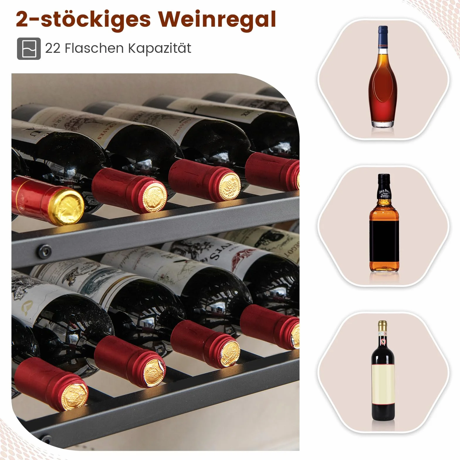 COSTWAY 5-stopniowy regał na wino z uchwytem na szkło i półkami, wolnostojący, szafka na wino do salonu, jadalni i bufetu, rustykalny brąz