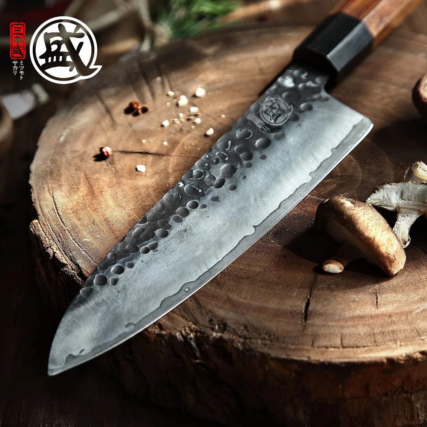 MITSUMOTO SAKARI 22 cm Japoński Nóż Kuchenny, Nóż Szefa Kuchni z Wysokowęglowej Stali Nierdzewnej, Ręcznie Kuty Profesjonalny Nóż Gyotou(Uchwyt z Drewna Różanego)
