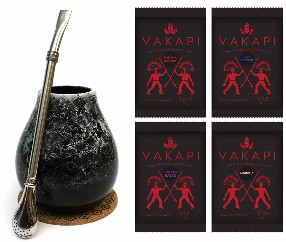 Mate Green Mate zestaw kubków | zestaw startowy do herbaty mate, ceramiczny kubek Marmol Dark 350 ml, stal szlachetna Bombilla, Vakapi Mate Tee z Paragwaju, alternatywa dla kawy, silne pobudzenie,