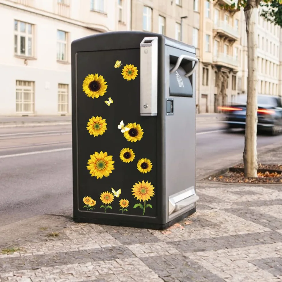 EQLEF Wheelie naklejki na śmieci, samoprzylepne naklejki na śmieci, słonecznik, wodoodporne, dekoracja kwiatowa, na ścianę, drzwi, kosz, lodówkę, 3 szt