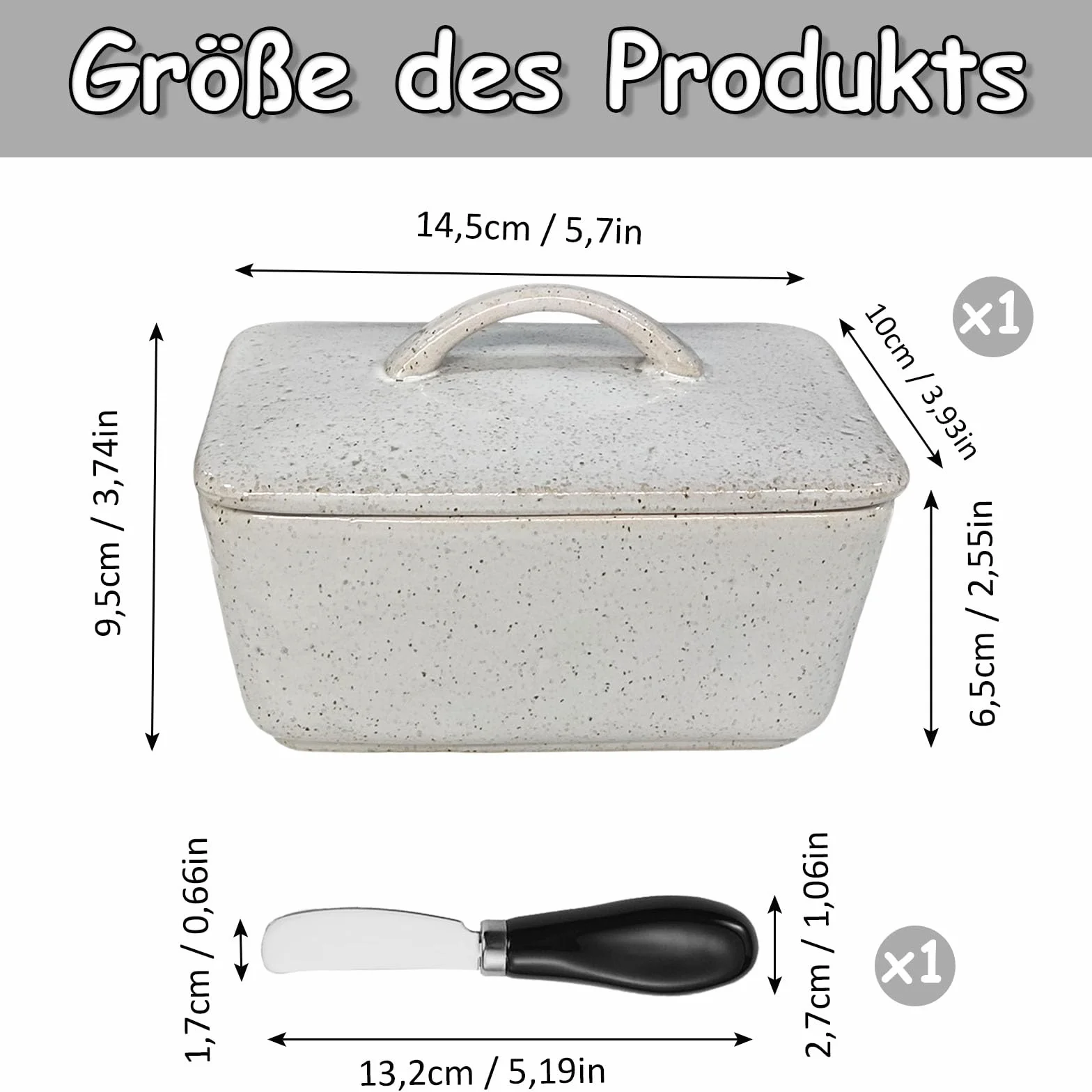 Maselniczka ceramiczna, 14,5 x 10 x 9,5 cm, porcelanowa maselniczka ze skrobakiem do masła, przechowywanie słodyczy z pokrywką, do przechowywania w restauracji, szara