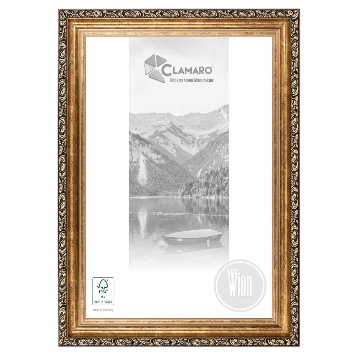 CLAMARO "Wiedeń" ramka na zdjęcia w stylu antycznym (DIN A4), 21 x 29,7 cm, lite drewno, brąz, szerokość 60 mm, shabby chic, vintage, barokowa listwa, drewniana rama ze szkłem akrylowym, tylna