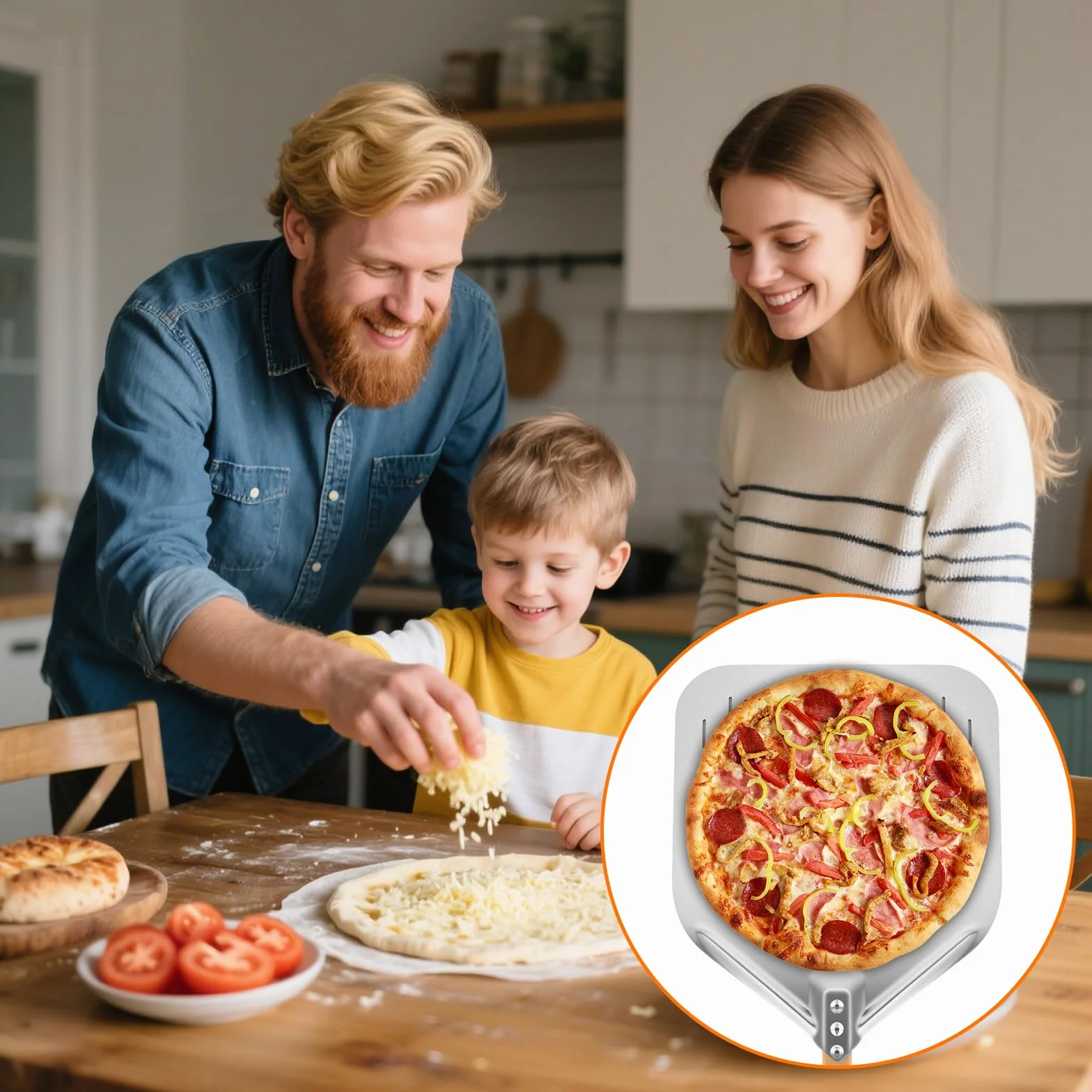 Łopata do pizzy Foydream,nóż do pizzy ze stali nierdzewnej z wyjmowanym uchwytem,​​łopata do pizzy 30,5 * 39 cm i 43 cm ergonomicznym drewnianym uchwytem, ​perforowana pizza do pieczenia chleba w domu