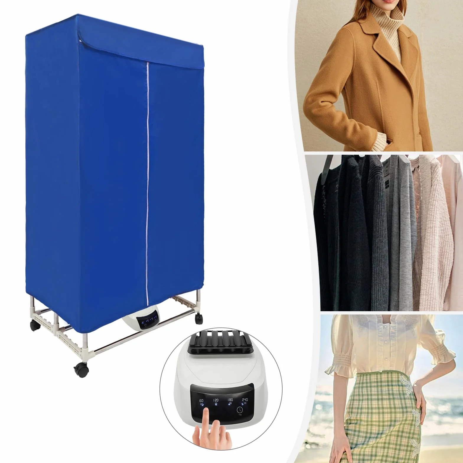 Suszarka na pranie, 1500 W, suszarka na ciepłe powietrze, przenośna, elektryczna suszarka do domu, mała suszarka z timerem, mobilna suszarka na ubrania, składana, IPX1 (niebieska)