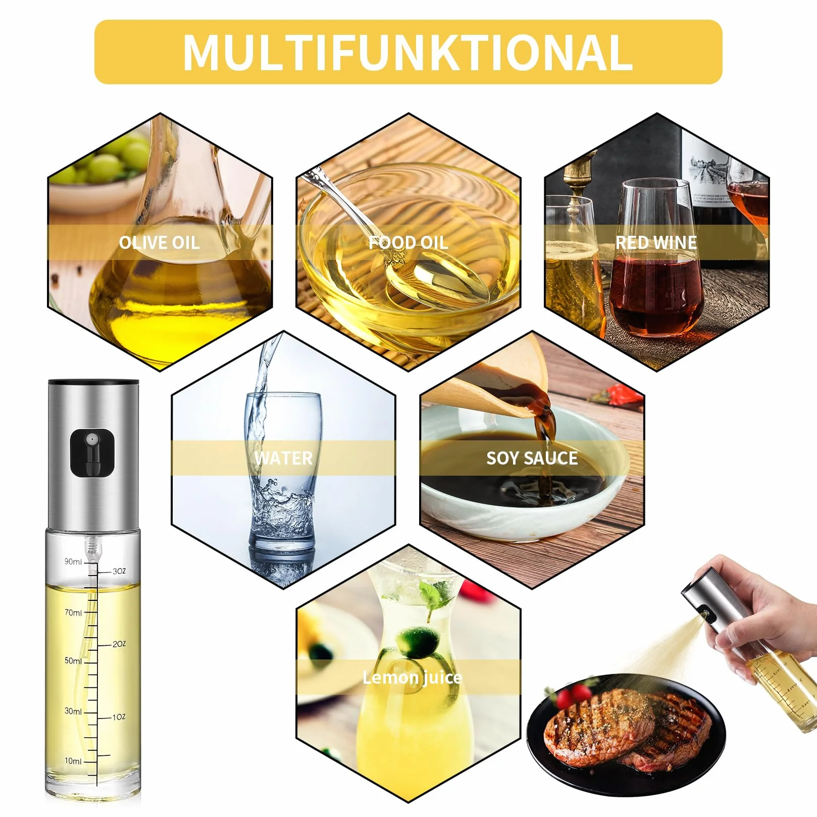 2 x butelka z rozpylaczem do oliwy gotówkowej, 100 ml, szklany spryskiwacz frytkownicy, dozownik butelek do octu, z 2 lejkami
