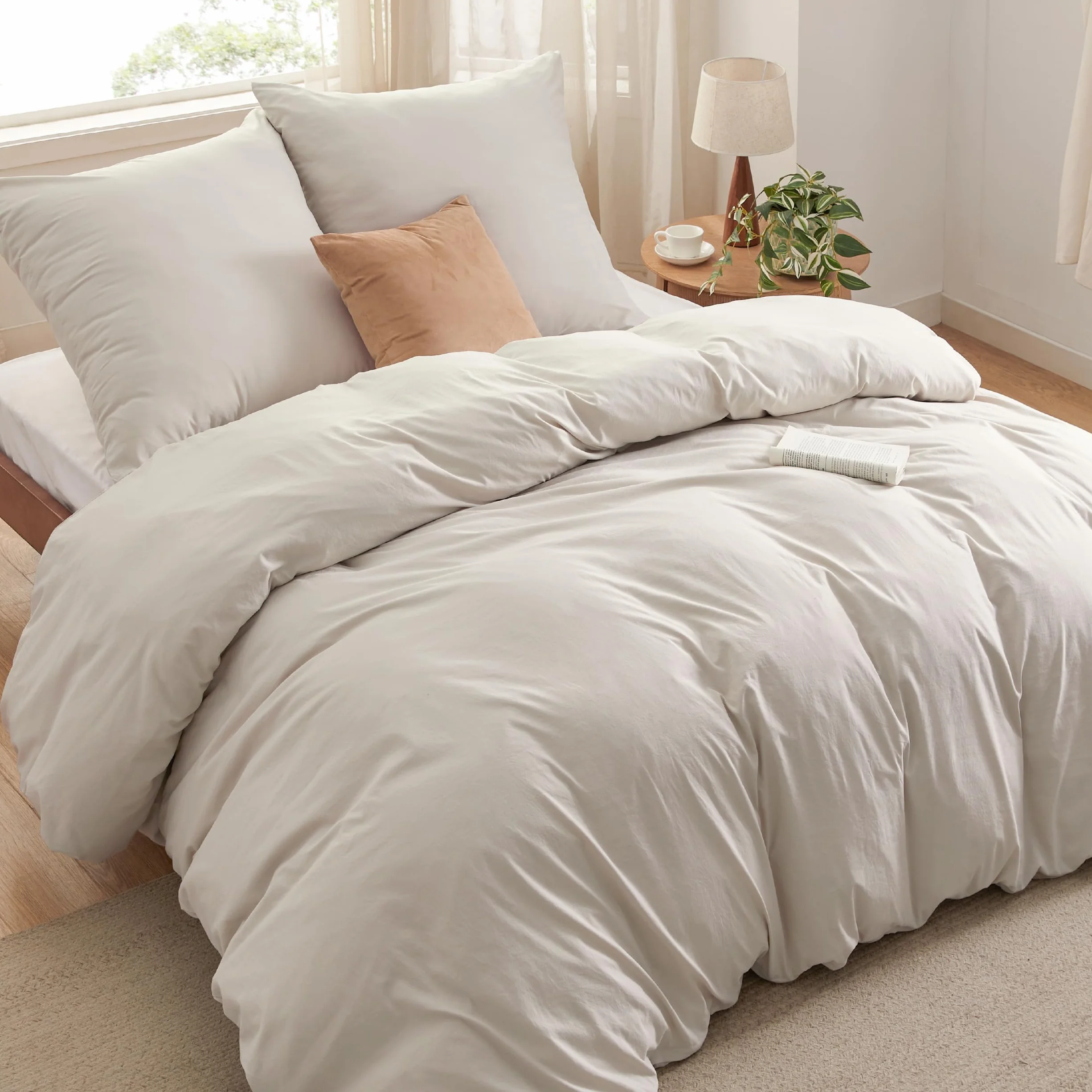 BEDSURE Pościel 200 x 200 cm, 3-częściowa podobna do bawełny - naturalna, 2 x 80 x 80 cm poduszka | Komplet pościeli z mikrofibry, pościel Oeko-TEX z zamkiem błyskawicznym, łatwa w pielęgnacji, bardzo miękka i oddychająca