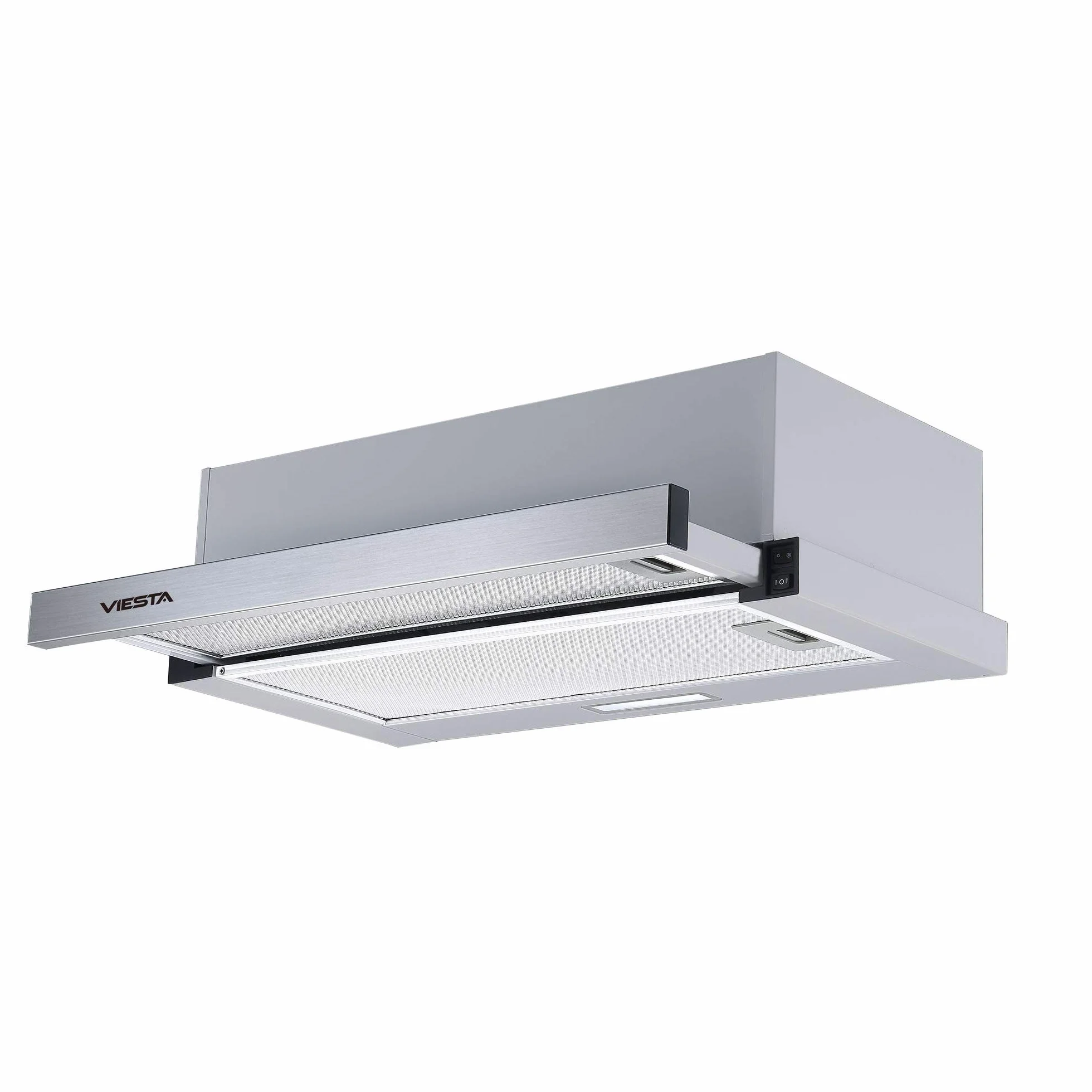 VIESTA VDE6065SR okap kuchenny, 60 cm, płaski okap kuchenny, do zabudowy, wysuwany, stal nierdzewna, powietrze wylotowe/obieg (filtr z węglem aktywnym) 333,8 m³/h, 59-64 dB, klasa energetyczna B