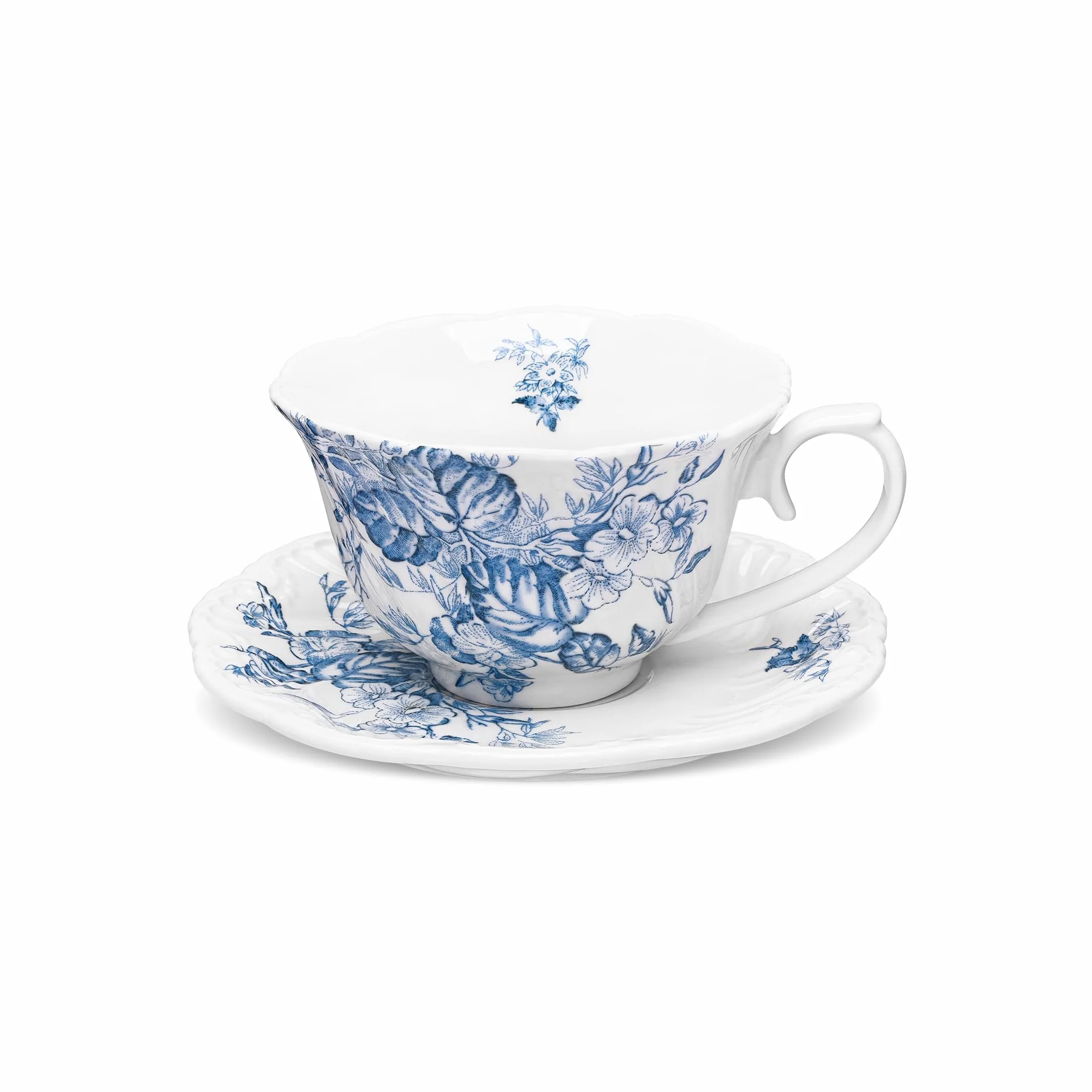 fanquare Vintage zestawy filiżanek i spodków, porcelanowe kubki do herbaty z niebieskimi kwiatami, eleganckie filiżanki do kawy i talerze do przekąsek, prezenty świąteczne 250 ml
