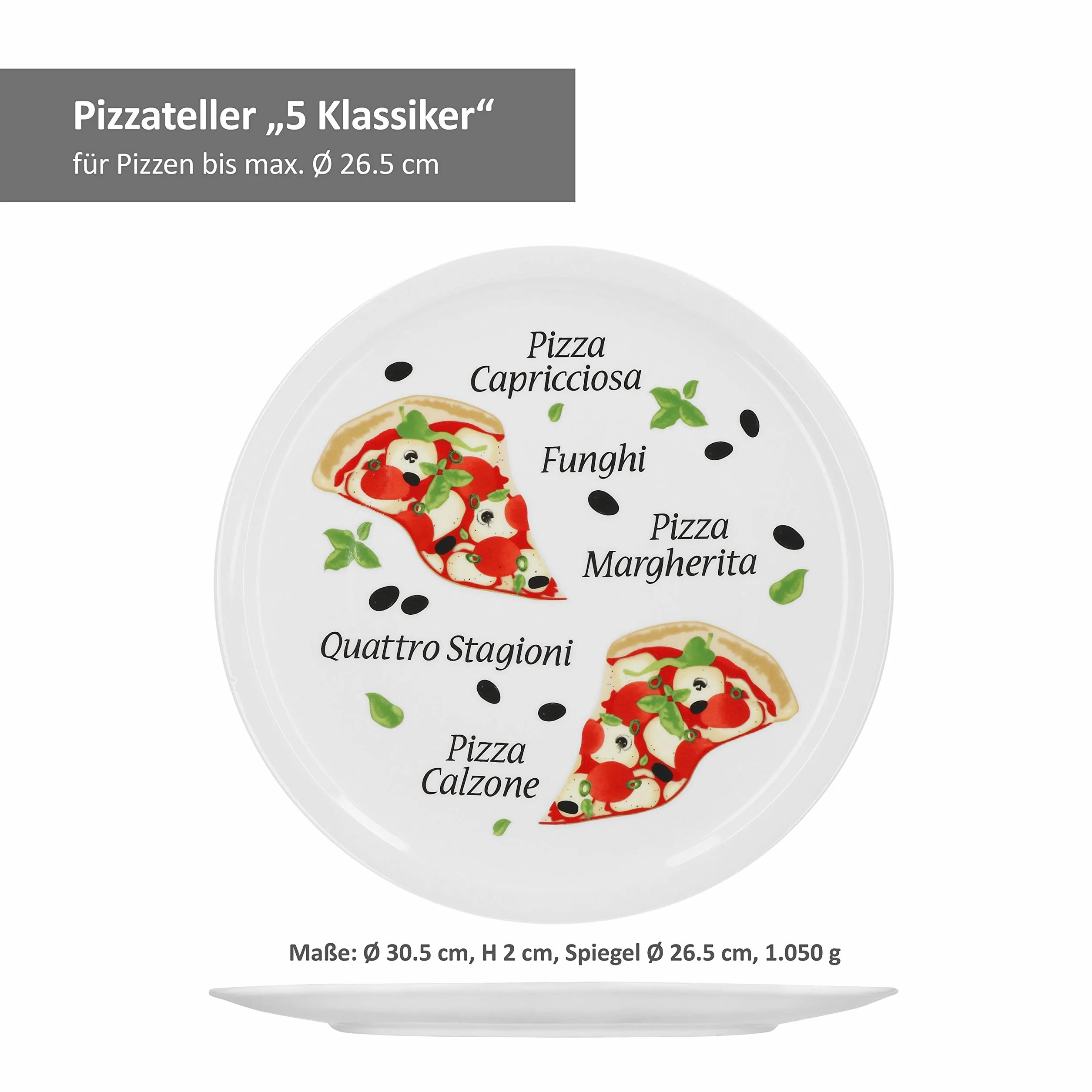 Van Well zestaw 2 włoskie talerze do pizzy duże ø 30,5cm Margherita – porcelanowe talerze XL do pizzy i makaronu – nadają się do mikrofalówki, odporne na mycie w zmywarce, można układać jeden na