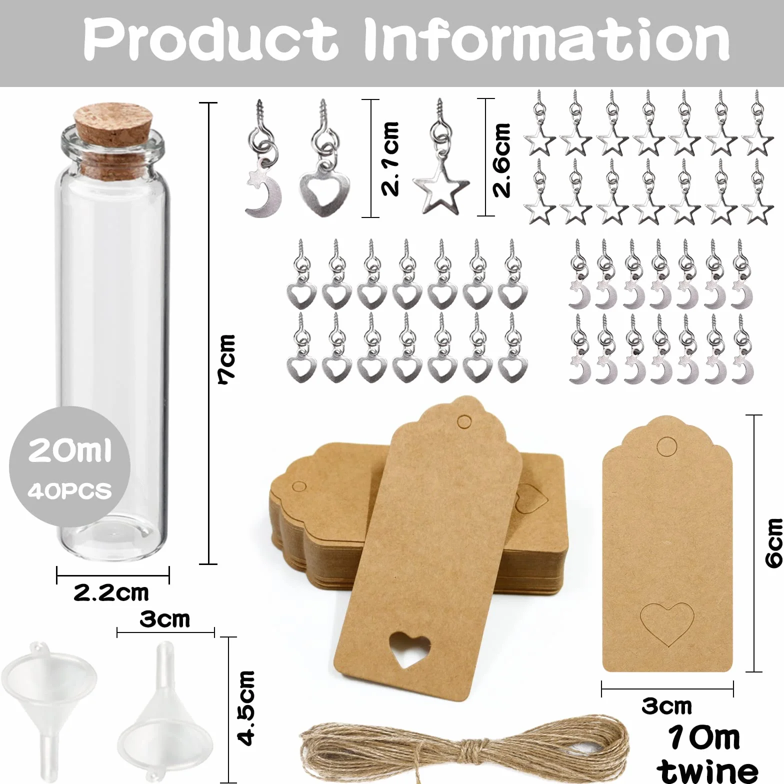 40 x mini butelki szklane z korkiem, 20 ml, do napełniania, jako prezent dla gości weselnych, z zawieszką