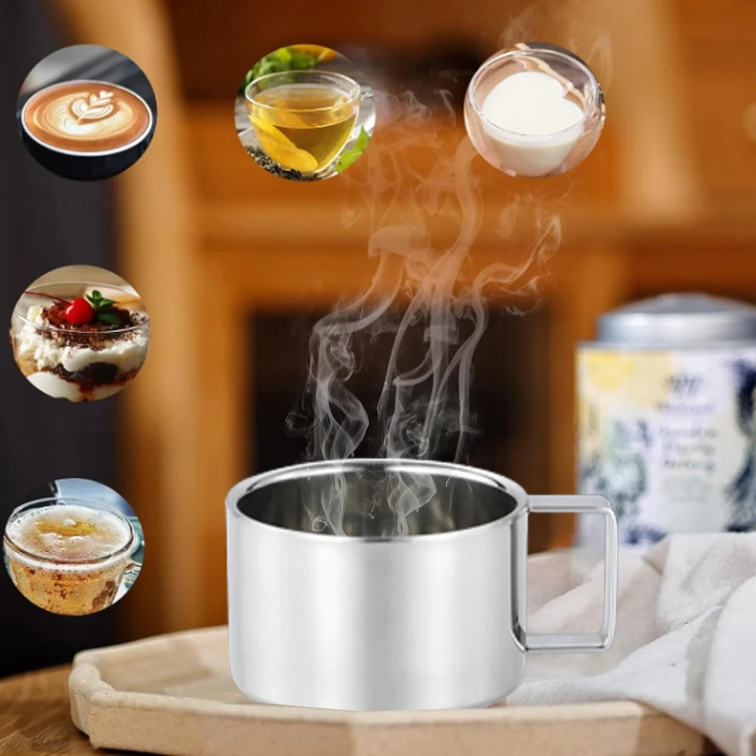 Fyearfly 3 szt./zestaw kubek do kawy ze stali nierdzewnej podwójna ścianka kubek do kawy łyżka spodek zestaw do kawy latte cappuccino espresso przybory kuchenne, srebrny, wykwintny kubek do kawy