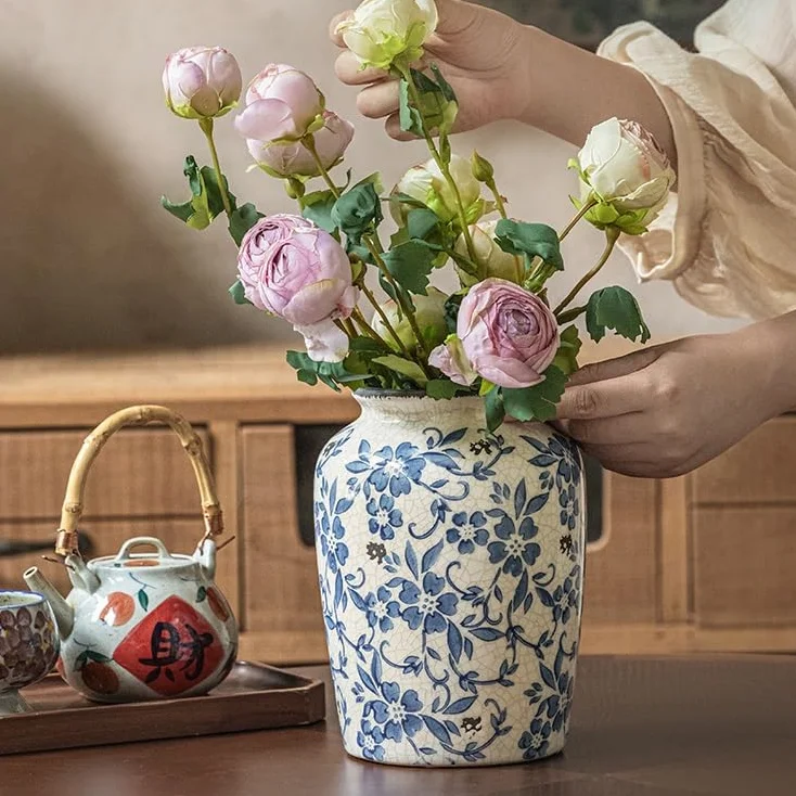 Wazon na kwiaty, salon, stolik kawowy, ganek, niebiesko-biała porcelana, retro, wazon ceramiczny z kropkami lodu, badanie parapetówki, dekoracja w stylu chińskim, dekoracja do salonu (M)