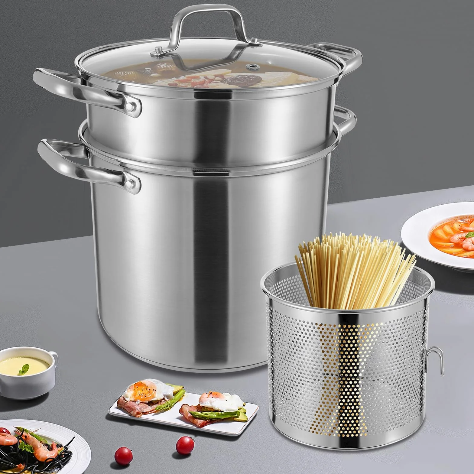 Garnek do gotowania, 8 l, duży garnek ze stali nierdzewnej, z koszem do smażenia i wkładką na parze, garnek do zupy do kuchenek gazowych, indukcyjnych, halogenowych i elektrycznych, nadaje się do