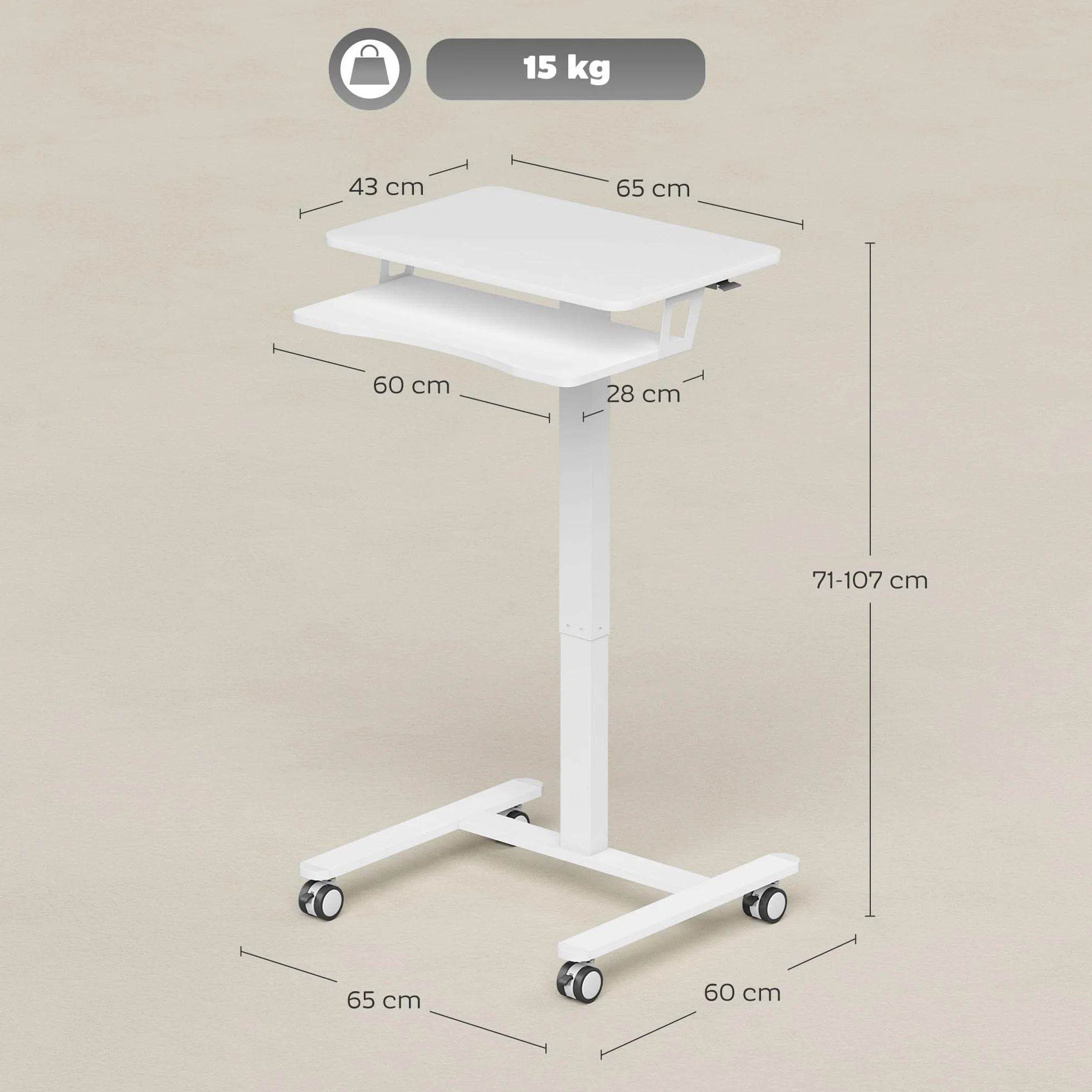 HOMCOM Stolik pod laptopa z regulacją wysokości, pneumatyczny z kółkami, półka na klawiaturę, 71-107 cm, mobilny stolik pomocniczy, biurko na sofę, łóżko, do biura, 65 x 60 cm, biały