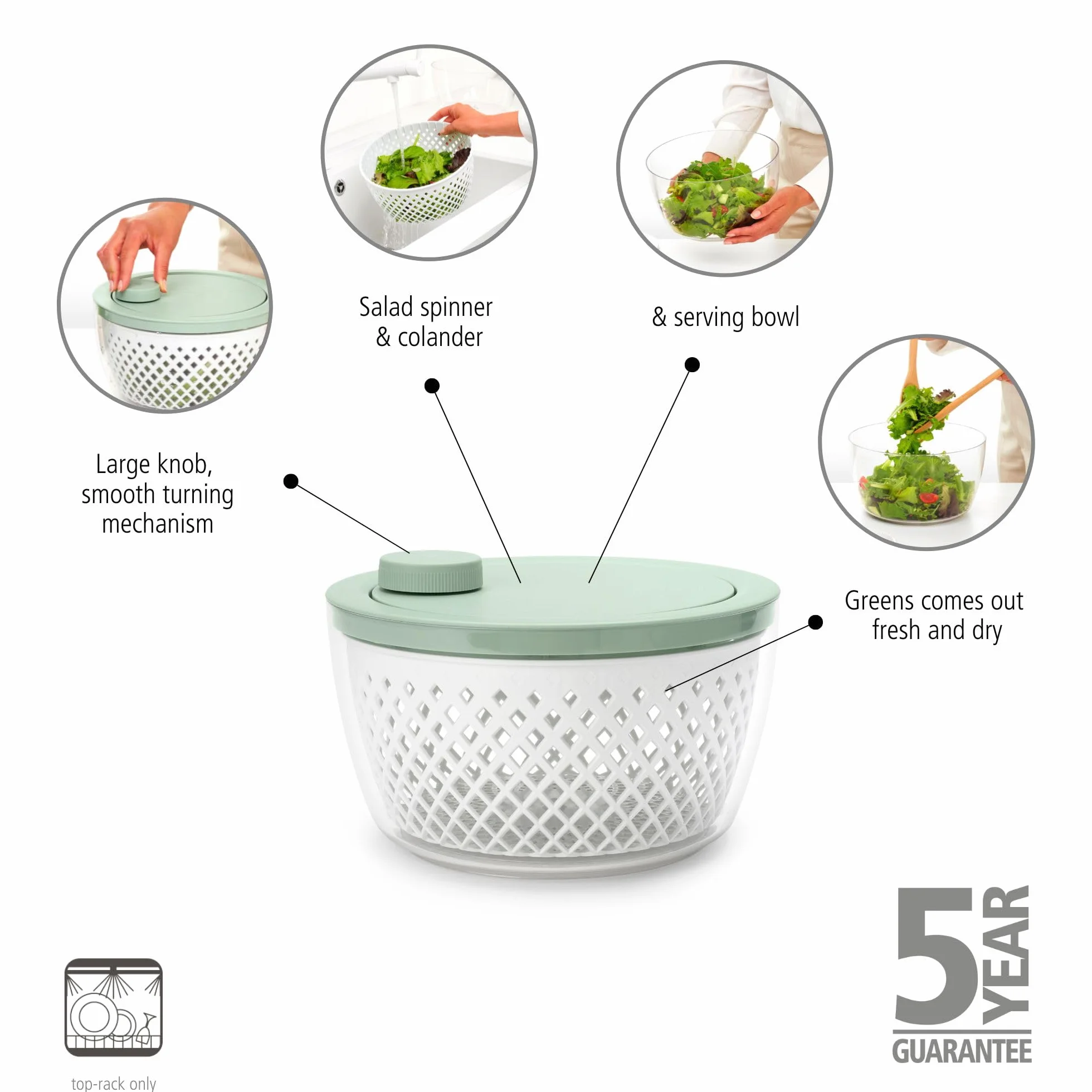 Wirówka do sałaty z miską do serwowania i durszlakiem Brabantia TASTY+ | Suszarka do chrupiących warzyw i owoców z antypoślizgiem | Wytrzymały plastik nadający się do recyklingu | Jade Green