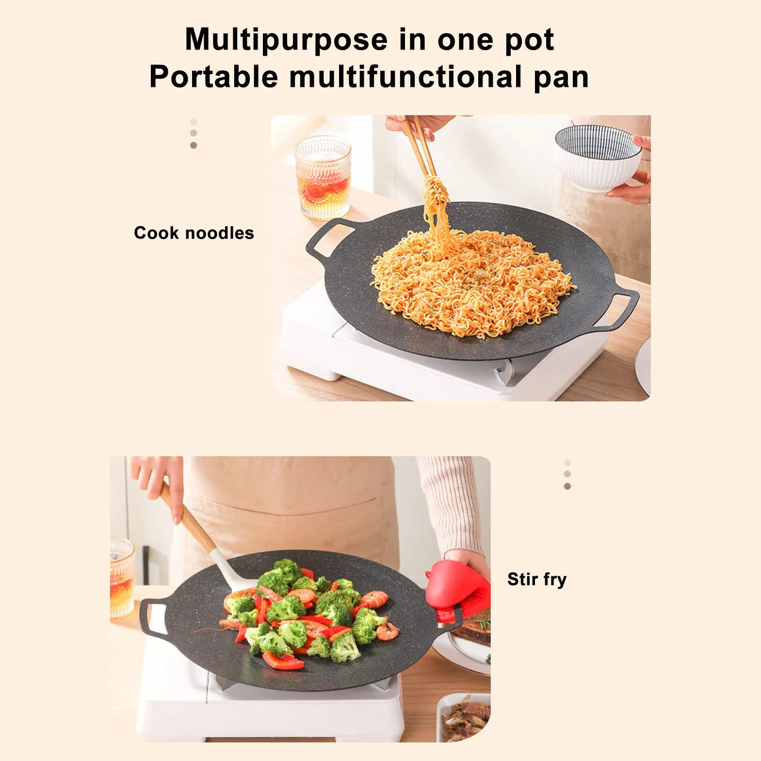 Koreańska patelnia grillowa, okrągła, nieprzywierająca, koreańska patelnia grillowa z uchwytem, wielofunkcyjna płyta kuchenna do mięsa, naleśników, żeberek (model uniwersalny, 36 cm)