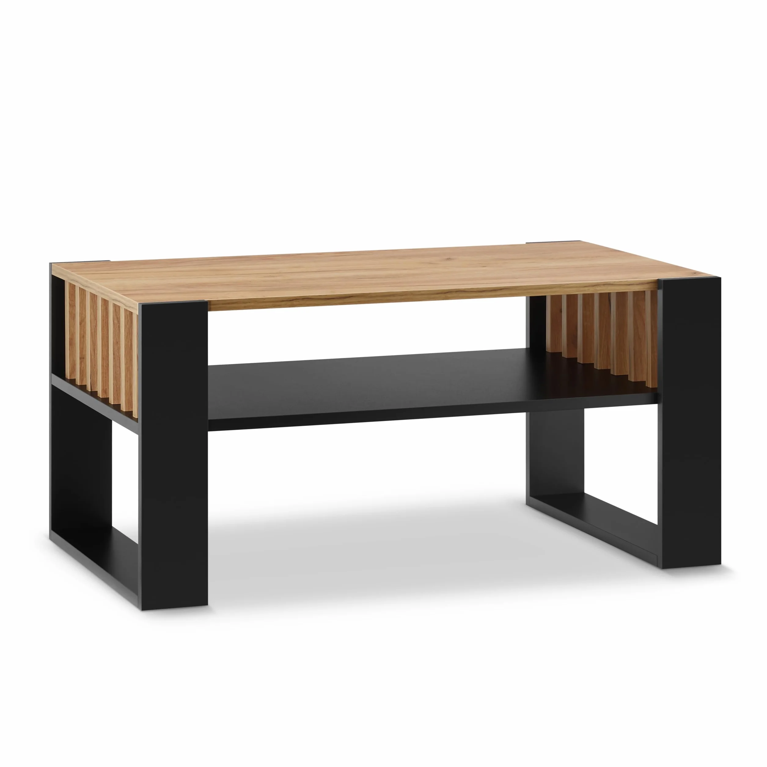 defiPad® Nowoczesny stolik kawowy z lammelami, szerokość 92 cm, duży stół do salonu, dąb | lity i stabilny | kolor czarny