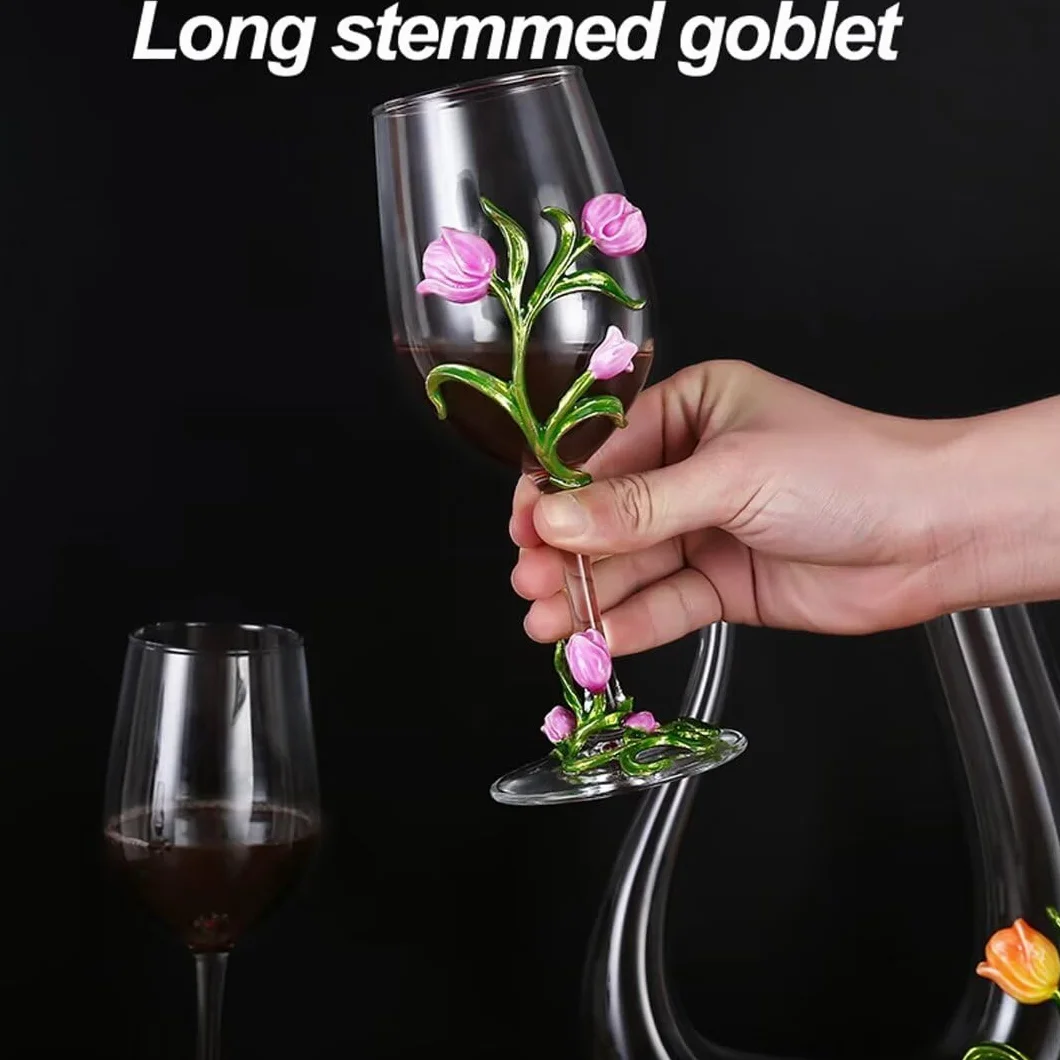 Emaliowana szklana karafka do wina, bezołowiowy kryształowy kielich, 350 ml, dekoracyjny zestaw upominkowy z długim uchwytem, eleganckie pudełko na prezent ślubny (żółty - 2 sztuki)