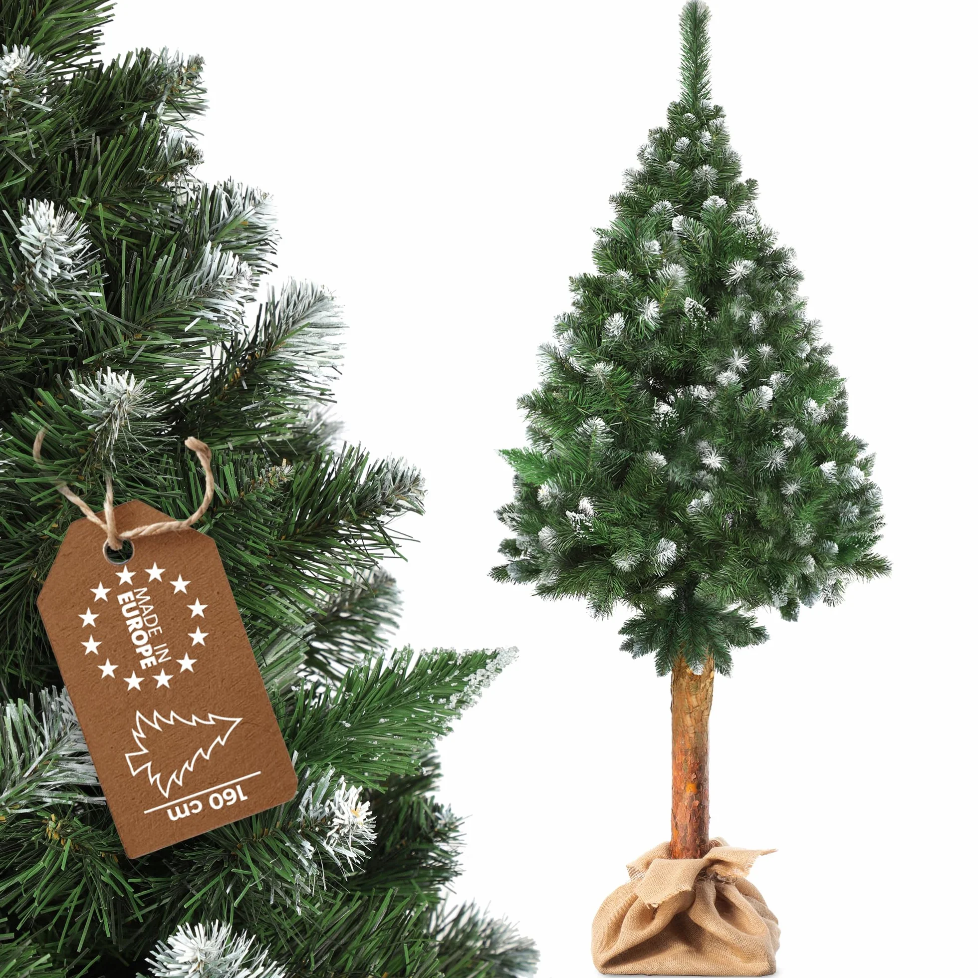KADAX Choinka sztuczna 160 cm, sosna z naturalnym pniem, ośnieżone końcówki, stabilny stojak, do salonu i biura