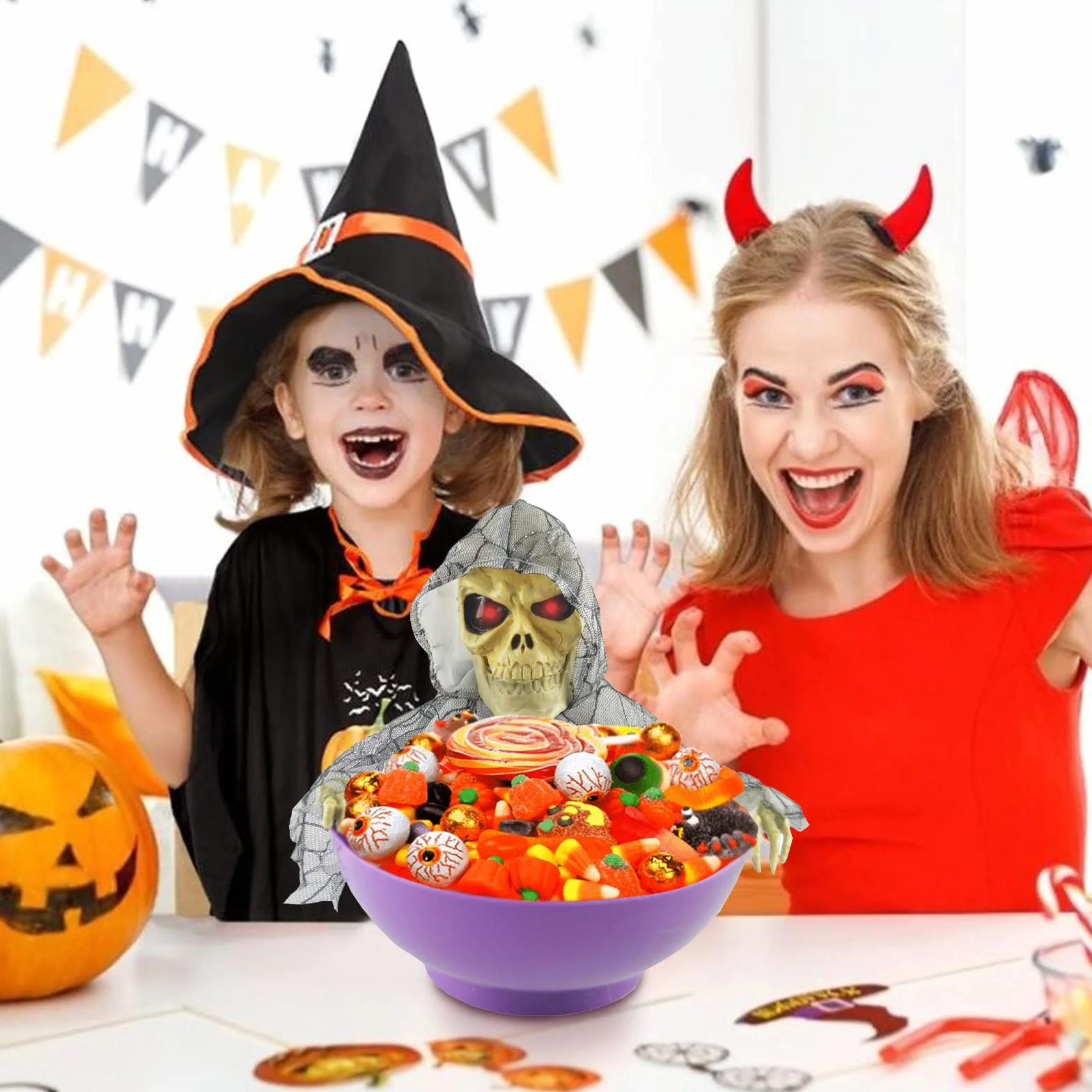 Halloweenowa Miska na Cukierki, Uchwyt na Cukierki na Halloween Animowany Szkielet Elektryczny świecący Duch Czaszka Miska na Cukierki z Czerwonymi Oczami i Przerażającym(Pomarańczowy)