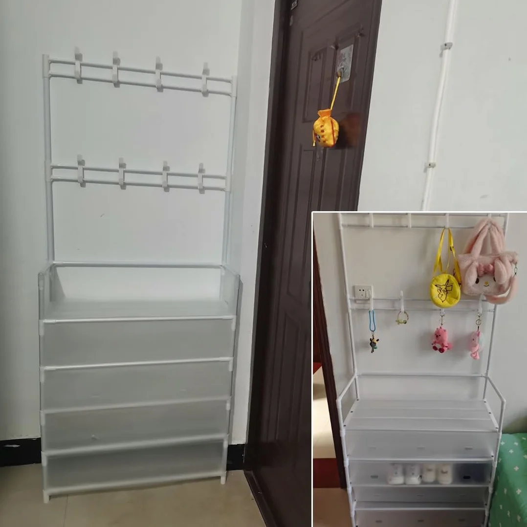 Wieszak na ubrania wejściowe i 4/5-poziomowy metalowy stojak oszczędzający miejsce z haczykami, klapą do przechowywania i pokrowcami na buty, wielofunkcyjne rozwiązanie do przechowywania (czarny, 80 x
