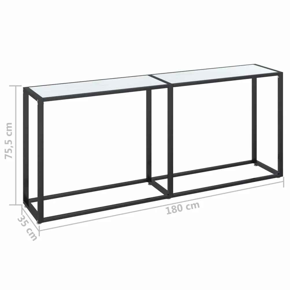 Stolik konsolowy, biały, wygląd marmuru, 180 x 35 x 75,5 cm, szkło hartowane, stal malowana proszkowo, nowoczesny stolik pomocniczy do salonu, korytarza, przedpokoju