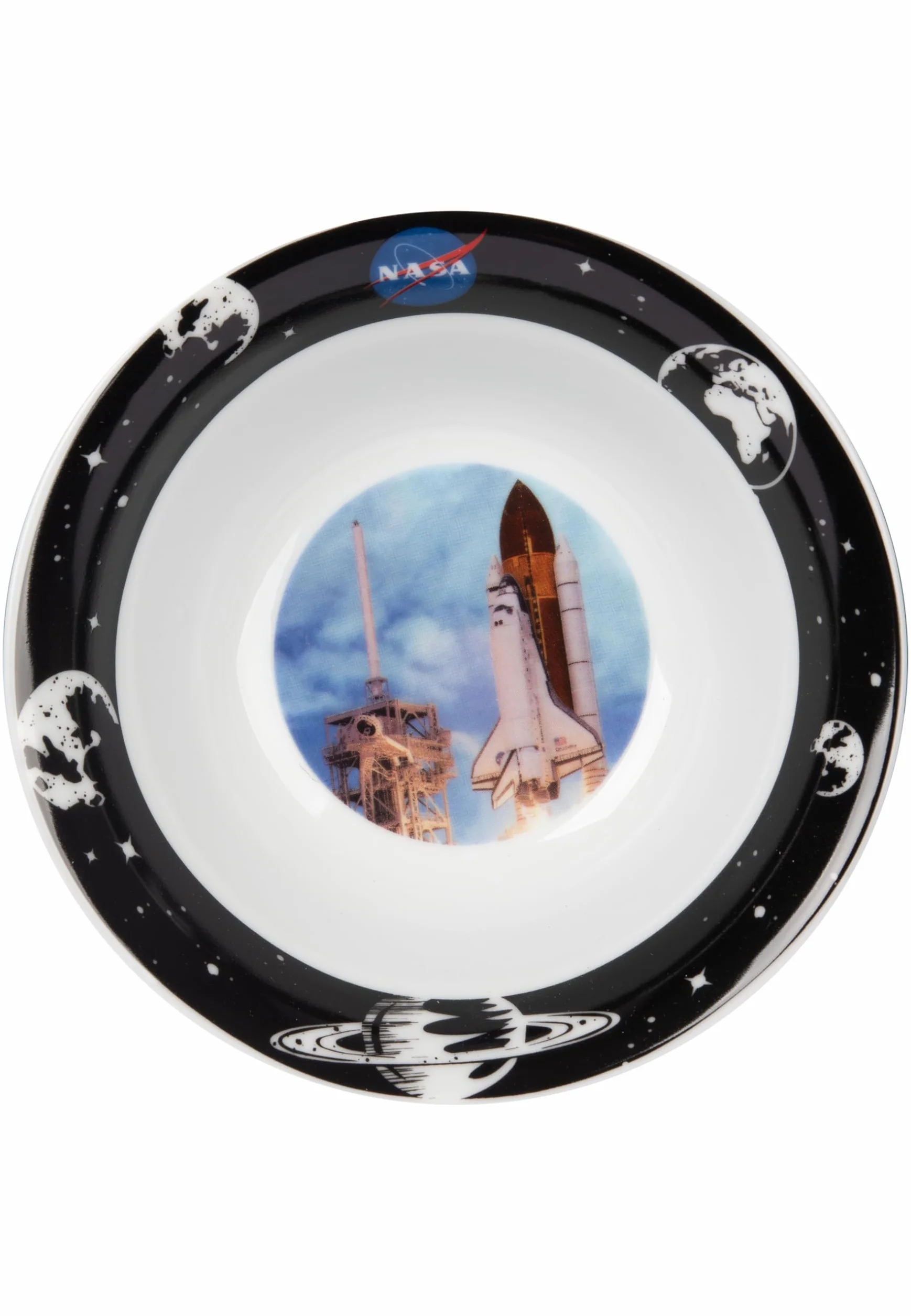 United Labels NASA 3-częściowy zestaw naczyń, czarno-niebieski, porcelanowy zestaw śniadaniowy z talerzem Ø 19 cm, filiżanka 220 ml i miska 330 ml, zestaw naczyń