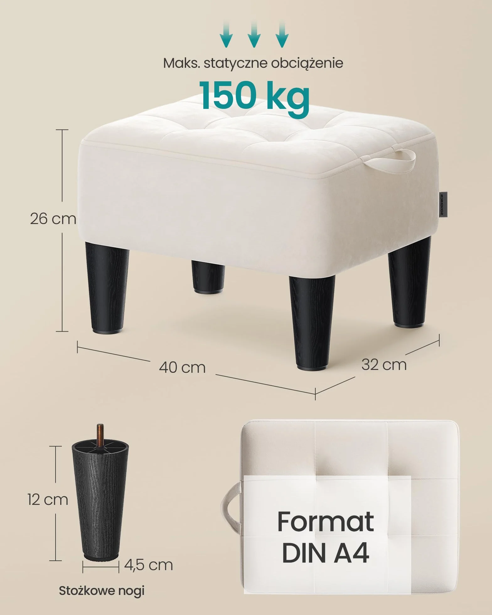 SONGMICS Aksamitny podnóżek, otomana, gruba wyściółka, nośność 150 kg, do salonu, sypialni, wejścia, beżowy cappuccino i tusz czarny LOM501W01