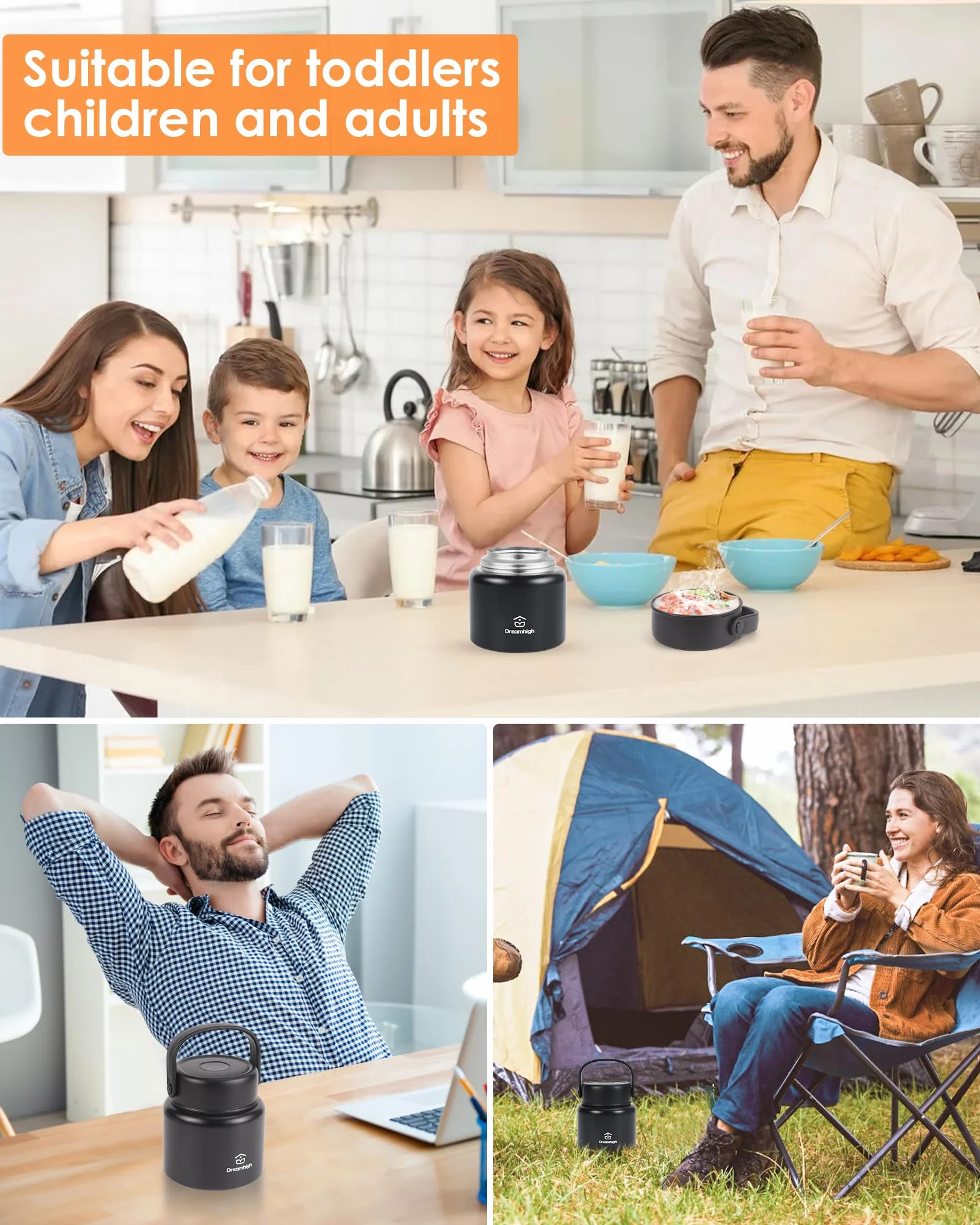 Dreamhigh® Pojemnik termiczny na żywność, 500 ml, ze stali nierdzewnej, z uchwytem, termos na jedzenie, szczelny, w zestawie łyżka, zachowuje 12 godzin ciepło, 12 godzin zimno (czarny, 500 ml)