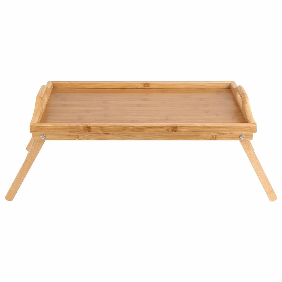 Taca na łóżko z drewna bambusowego, ze składanymi uchwytami i nogami, podwyższona krawędź, taca śniadaniowa Stolik śniadaniowy, 63 x 27,3 x 22,5 cm
