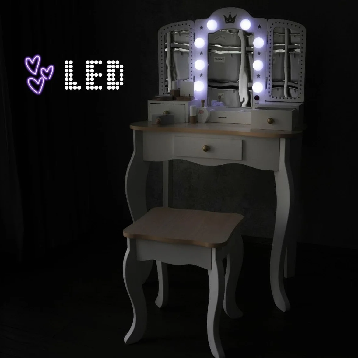 Mamabrum Drewniana Toaletka dla Dzieci 3+, XXL z Taboretem i Oświetleniem LED, 3-Skrzydłowe Lustro, Duża Szuflada, Akcesoria, Odgrywanie Ról Make-up, Solidna Konstrukcja, Zamieniana w Biurko