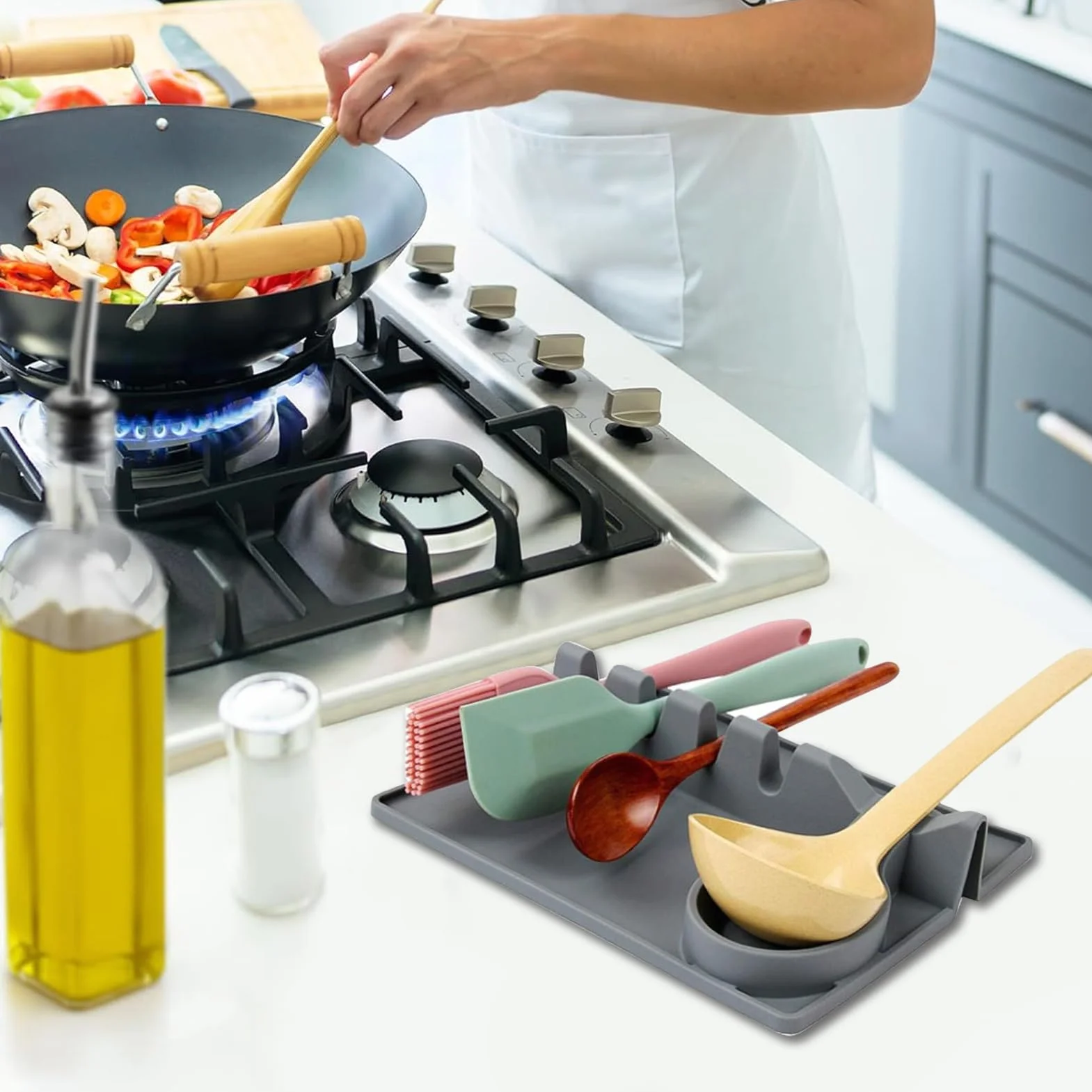 Silicone Spoon Rest - Kitchen Utensil Organizer with Drip Pad, Stove Top Spoon and Ladle Holder, Practical Cooking Tool, Multi-Use Utensil Organizer for Bakers, Apartment, Kitchen