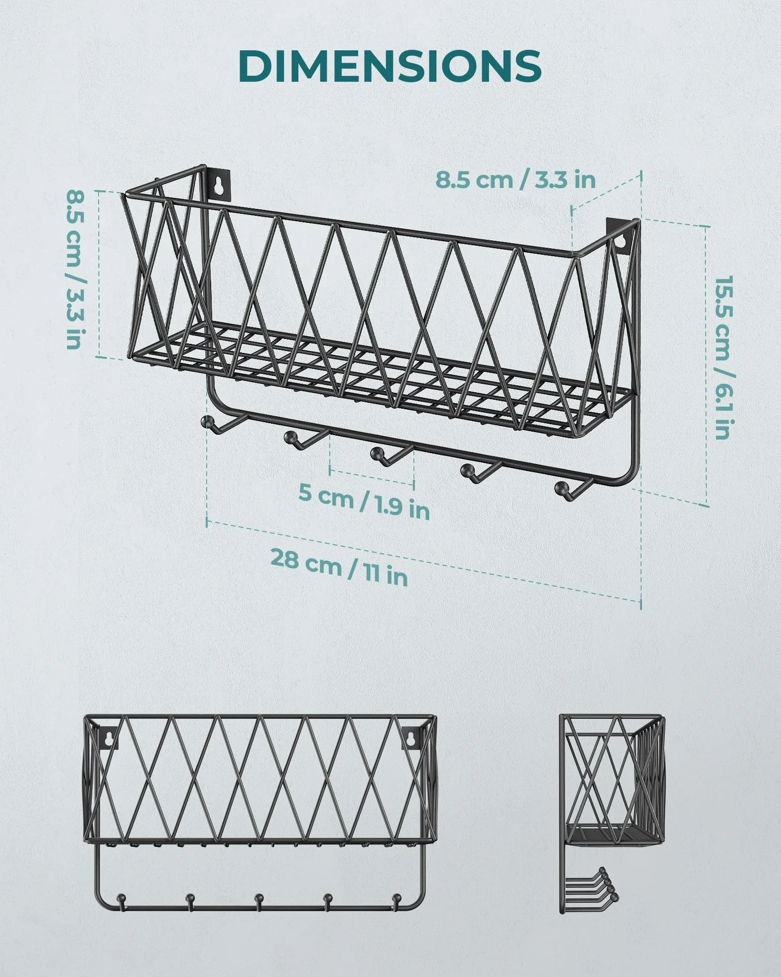 Uchwyt na klucze OROPY na ścianę, uchwyt na listy z 5 haczykami, wytrzymały czarny matowy metalowy koszyk z siatki drucianej, 29 × 16,5 × 9 cm naścienne haczyki na klucze do przedpokoju, sypialni