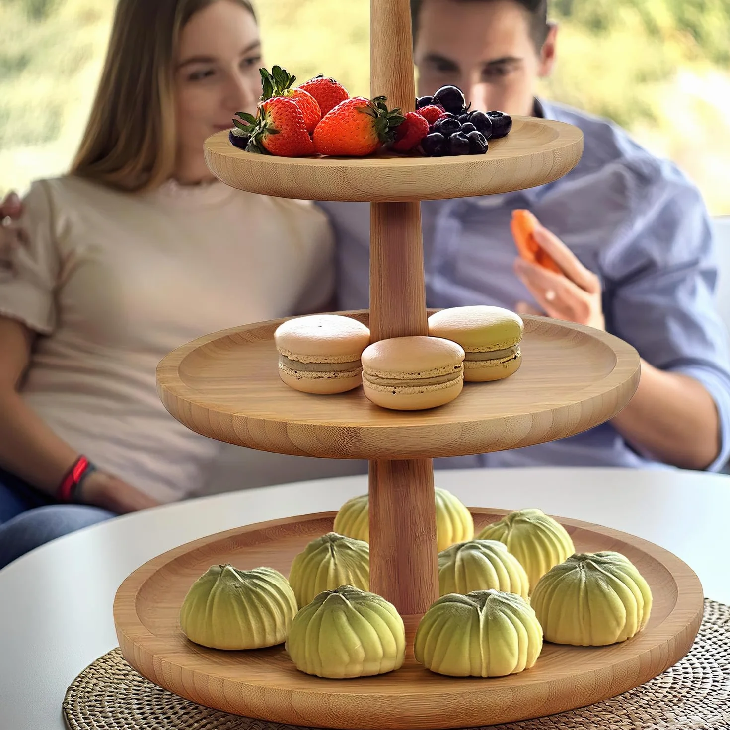 Dimono® Bamboo Etagere Premium Serving Stand 3-tier; taca do serwowania deserów, ciast, serów, wędlin, ciasteczek, orzechów, słodyczy candy bar 3-tier. (bambus)
