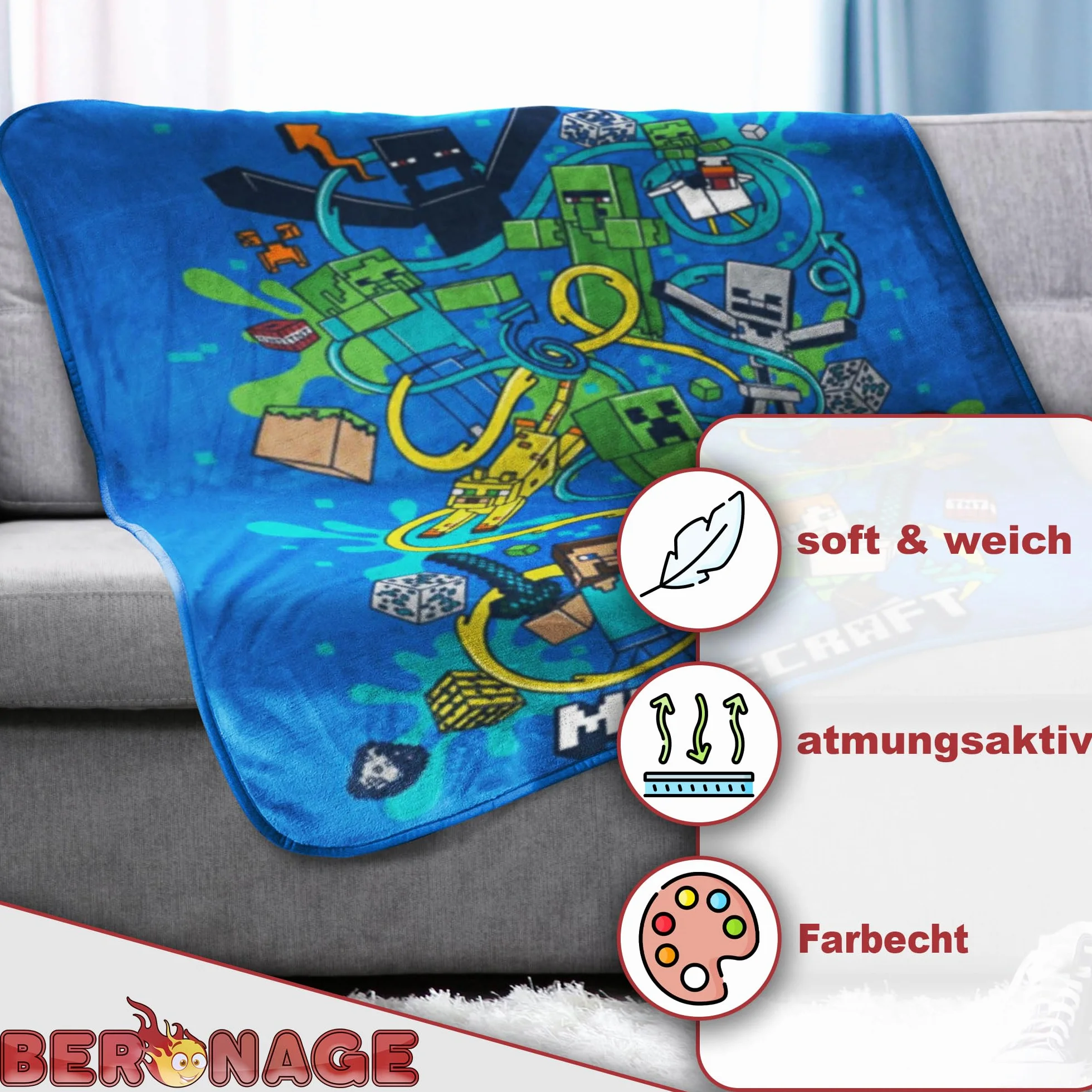 BERONAGE Minecraft Koc do mieszkania, Slurp, 150 x 200 cm, 100% poliester, puszysty flanelowy koc polarowy, koc na sofę, dla dzieci, dorosłych, dla graczy, prezent, artykuł licencjonowany