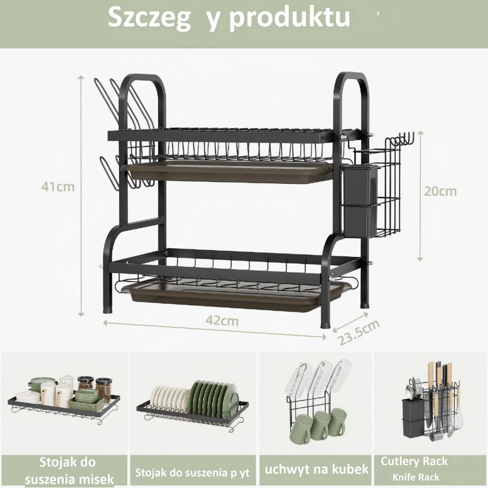 NETEL 2-poziomowy ociekacz do naczyń, ociekacz do naczyń z tackami ociekowymi, uchwyt na sztućce, uchwytem na kubek,kosz na naczynia, czarny