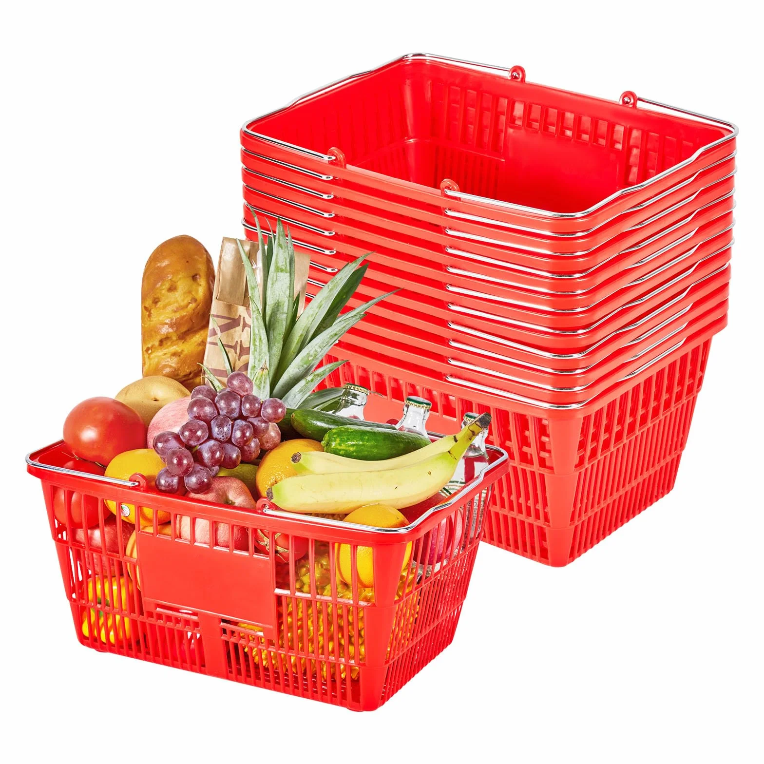 VEVOR Kosze na zakupy, 12 szt., 21 l, plastikowe kosze spożywcze PE z metalowymi uchwytami, gęsta struktura siatki, nośność do 9 kg, przenośne, do artykułów spożywczych, sklepów, supermarketów, użytku