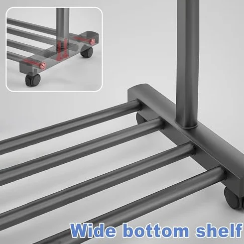 Regulowany wieszak na ubrania z podwójnym prętem z kółkami metalowy stojak do przechowywania odzieży przenośna szafa z półką 120 cm czarny stojak na ubrania do domu i szafy