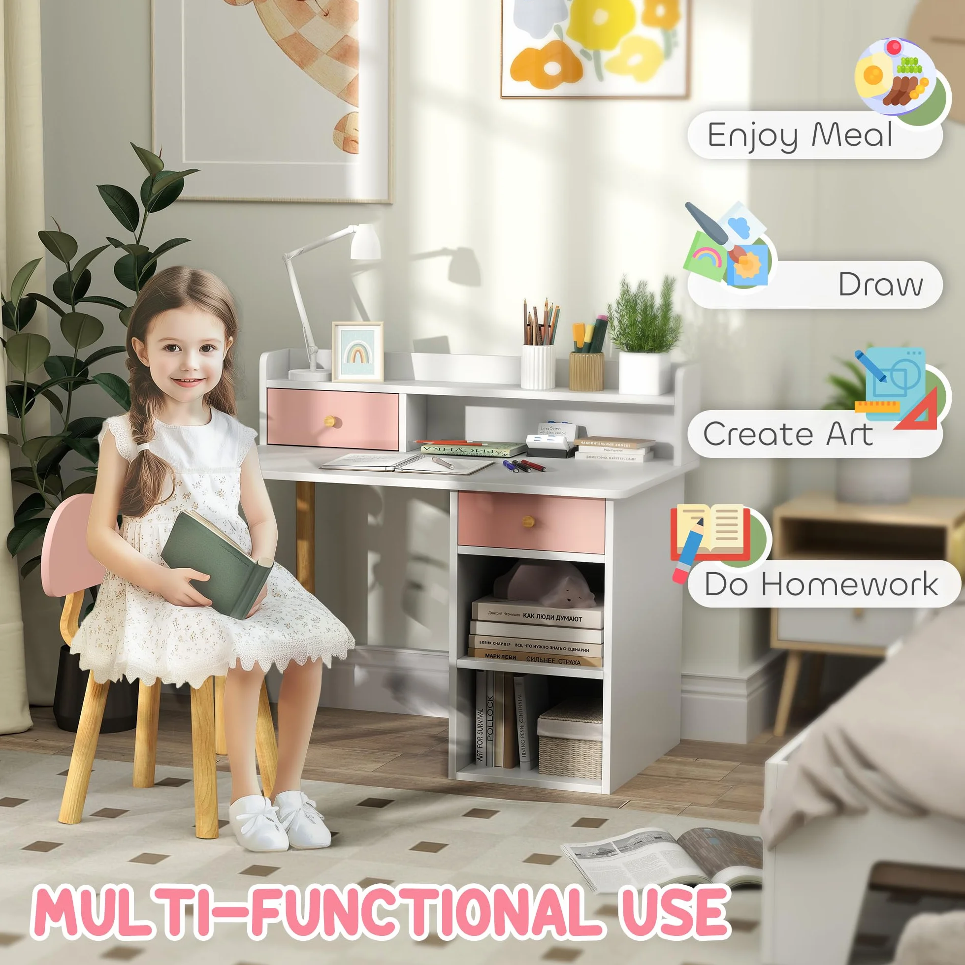 AIYAPLAY Kids Desk and Chair Set, Children Study Table with Hutch, Storage, Drawer, Shelves, for Studying, Reading, Drawing, for Ages 3-8 Years, Pink