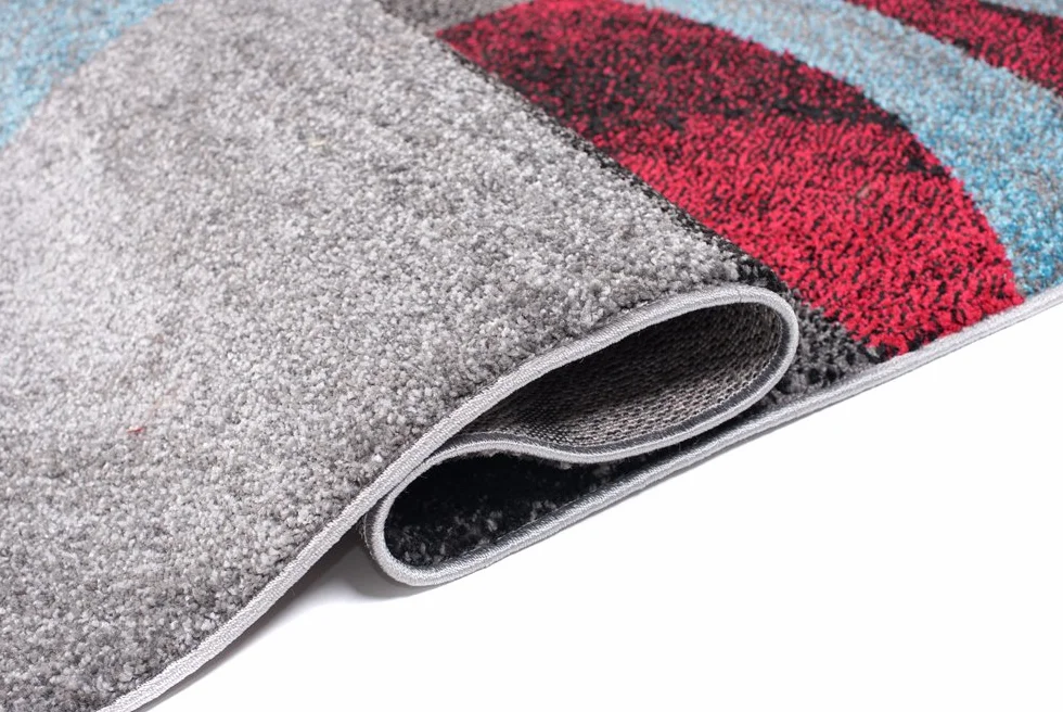 Tapiso Jawa dywan z krótkim włosiem, designerski, szary, czerwony, niebieski, wielokolorowy, z abstrakcyjnymi paskami, wzór w kratkę, kwadratowy wzór, idealny do salonu, pokoju gościnnego, Ökotex 140 x 190 cm