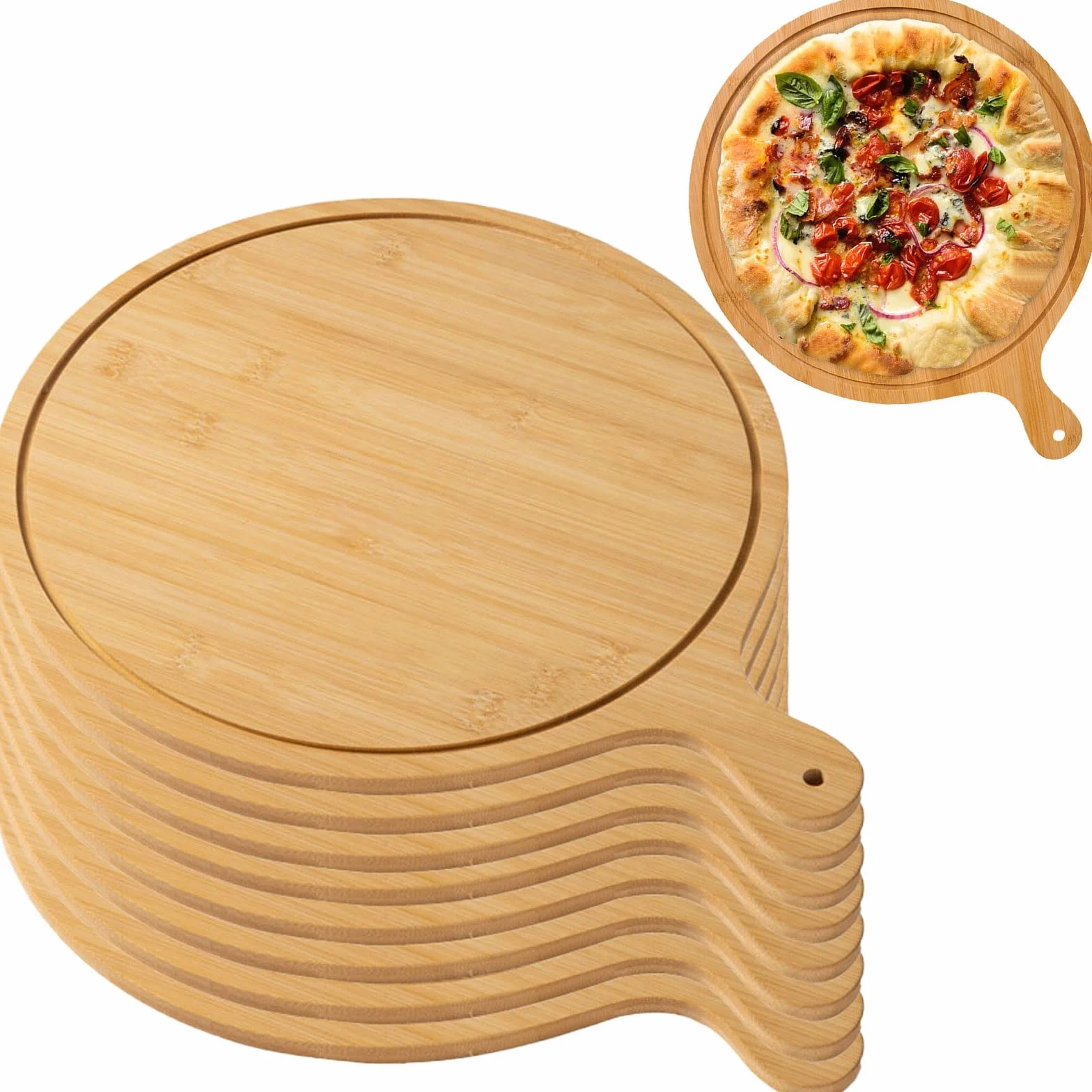 Drewniane deski do serwowania pizzy, lekkie, 33 cm, z uchwytami do robienia i przechowywania pizzy, jasnobrązowe wzornictwo, idealne na imprezy i spotkania, 8 szt